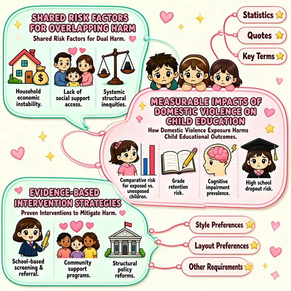 The infographic is designed in a soft pastel color palette, primarily using shades of pink, mint green, and cream, with decorative elements like sparkles, hearts, and stars to create a gentle yet informative aesthetic. The layout is organized into three main content sections connected by visual flow lines, each housed within rounded, speech-bubble-like containers with distinct background colors—mint green for the top-left and bottom-left sections, and pink for the central-right section.

At the top right, three small, rounded rectangular callouts are linked to the main content areas via thin curved lines. These are labeled: “Statistics” (with a heart icon), “Quotes” (with a star icon), and “Key Terms” (with a star icon). Similarly, at the bottom right, three more callouts are connected to the bottom-left section: “Style Preferences,” “Layout Preferences,” and “Other Requirements.”

---

**Section 1: Shared Risk Factors for Overlapping Harm**
Located in the top-left, this section has a mint green background and features the title: “SHARED RISK FACTORS FOR OVERLAPPING HARM” in bold, pink, outlined text with a heart and star embellishment. Below it, a subtitle reads: “Shared Risk Factors for Dual Harm.”

Three illustrated icons represent the risk factors:
- **Household economic instability**: Depicted as a house next to a money bag with dollar signs. Text label below: “Household economic instability.”
- **Lack of social support access**: Illustrated as two adult figures holding a smaller child figure, with hearts between them. Label: “Lack of social support access.”
- **Systemic structural inequities**: Shown as a balanced scale with unequal weights (one side heavier). Label: “Systemic structural inequities.”

---

**Section 2: Measurable Impacts of Domestic Violence on Child Education**
Positioned in the center-right, this section has a pink background and features the title: “MEASURABLE IMPACTS OF DOMESTIC VIOLENCE ON CHILD EDUCATION,” styled similarly to Section 1 but with star embellishments. A subtitle below reads: “How Domestic Violence Exposure Harms Child Educational Outcomes.”

Four illustrated icons depict the impacts:
- **Comparative risk for exposed vs. unexposed children**: An illustration of a girl standing beside a bar chart showing a higher bar. Label: “Comparative risk for exposed vs. unexposed children.”
- **Grade retention risk**: An open book with a pencil. Label: “Grade retention risk.”
- **Cognitive impairment prevalence**: A head silhouette with a brain and lightning bolts. Label: “Cognitive impairment prevalence.”
- **High school dropout risk**: A girl wearing a graduation cap. Label: “High school dropout risk.”

Above this section, three cartoon children (a boy and two girls) appear peeking over the top edge, looking concerned or sad, reinforcing the emotional impact.

---

**Section 3: Evidence-Based Intervention Strategies**
Situated in the bottom-left, this section also uses a mint green background. The title is “EVIDENCE-BASED INTERVENTION STRATEGIES” in bold, pink, outlined text with heart and star embellishments. Subtitle: “Proven Interventions to Mitigate Harm.”

Three illustrated icons represent the strategies:
- **School-based screening & referral**: A smiling girl in a school uniform holding a pen. Label: “School-based screening & referral.”
- **Community support programs**: Three figures with hearts above their heads. Label: “Community support programs.”
- **Structural policy reforms**: A building resembling a courthouse or government institution with a flag. Label: “Structural policy reforms.”

---

The overall design uses a kawaii-style cartoon aesthetic with rounded shapes, soft shadows, and playful typography. The connections between sections suggest a logical flow: understanding risk factors → recognizing impacts → implementing interventions. The infographic is structured to guide the viewer from problem identification to solution-oriented action, emphasizing both the severity and addressability of domestic violence’s educational consequences on children.