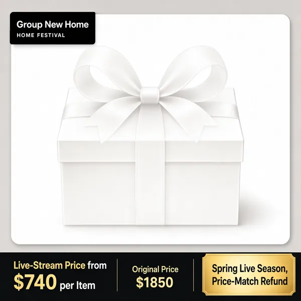 [Format]
Professional e-commerce product main image, square 1:1, soft grey group-buy home-event template with a blank gift-box placeholder.

[Colors]
Light warm-grey panel (#e5e3e1 range) with a rounded white inner card, ghosted white gift box with ribbon, black brand tab top left, dark bottom bar with gold numerals, gold accent text.

[Layout]
Brand tab top left with small tagline, faint semi-transparent gift box with a bow filling the center, dark price bar across the bottom with a gold event badge at its right end.

[Subject]
A blank white gift box with a large ribbon bow, softly lit and semi-transparent, serving as a placeholder stage for any product.

[Headline]
Top left tab: "Group New Home" with a fine-print tagline. Bottom bar: "Live-Stream Price from $740 per Item" in gold, middle "Original Price $1850", right gold block "Spring Live Season, Price-Match Refund".

[Badges]
Black brand tab top left; gold spring-event badge bottom right.

[Mood]
Calm, premium and neutral, a home-festival template awaiting any product.