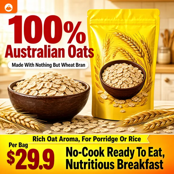 [Format]
Professional e-commerce product main image, square 1:1, warm appetizing food-retail style with a cozy kitchen set and bold promo type.

[Colors]
Warm cream and honey kitchen background softly blurred (#e8d9bf range), a bright yellow pillow-pack as the hero colour, deep red promo numerals, chocolate-brown bowl, golden wheat accents, and a yellow-to-amber gradient bottom bar. Small orange corner logo tab at the top-left. No frame border.

[Layout]
The headline block occupies the upper-left; the standing pouch sits centre-right slightly overlapping the headline. A heaped ceramic bowl of rolled oats fills the lower-left foreground, loose wheat ears and oat scattered along the bottom, and a full-width promo bar runs along the bottom edge carrying price and claim text.

[Subject]
A glossy yellow stand-up pouch of blended oat cereal printed with a wheat motif and a bowl-of-oats roundel, standing upright with crisp foil highlights; beside it a rustic dark-brown bowl overflowing with raw rolled oats, wheat ears laid across the table, warm morning kitchen light.

[Headline]
"100%" in huge heavy red numerals above "Australian Oats" in bold red, then a small white rounded pill reading "Made With Nothing But Wheat Bran" in dark text. Bottom bar: "Rich Oat Aroma, For Porridge Or Rice" in small dark caps on a yellow ribbon, and "No-Cook Ready To Eat, Nutritious Breakfast" in heavy dark caps. Bottom-left price block: "Per Bag" small over "$29.9" in giant red numerals.

[Badges]
None beyond the corner logo chip.

[Mood]
Warm, wholesome and appetite-forward; golden morning light, hearty textures and confident red price numerals.