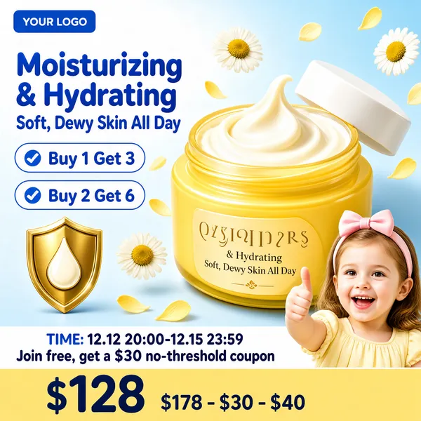 [Format]
Professional e-commerce product main image, square 1:1, soft fresh baby-care advertising style with pastel sky-blue tones and gentle sunlight.

[Colors]
Background a pale sky blue (#bfe3f5 range) brightening toward white at the top, butter-yellow and cream product accents, blue, white and soft-gold type, a golden shield emblem; No frame border.

[Layout]
Headline block in the upper left; two coupon pills stacked beneath it; a large open cream jar tilted forward at centre-right; a small girl in the lower-right corner; a golden shield icon at mid-left; a white info strip and a yellow price bar running across the bottom; a small blue logo chip with "YOUR LOGO" at the top-left.

[Subject]
A chunky squat cream jar in glossy butter yellow with a white screw lid, a rich swirl of white cream rising from the open mouth, fine gold lettering on the glass, floating chamomile daisies and soft yellow petals around it. Lower-right: a cheerful white / Caucasian little girl with a pink bow headband and a pale-yellow dress, giving an enthusiastic thumbs up.

[Headline]
Upper left, bold rounded blue characters: "Moisturizing & Hydrating" over "Soft, Dewy Skin All Day". Two white rounded pills with blue outlines and check glyphs: "Buy 1 Get 3" and "Buy 2 Get 6". White bottom strip: "TIME: 12.12 20:00-12.15 23:59" and "Join free, get a $30 no-threshold coupon". Yellow price bar: "$128" in huge dark numerals, then "$178 - $30 - $40" with tiny labels, reading as a discount equation.

[Badges]
A small golden shield badge with a cream-drop emblem at mid-left.

[Mood]
Gentle, clean and child-friendly; airy blue-and-cream pastels with soft light and a caring, trustworthy feel.