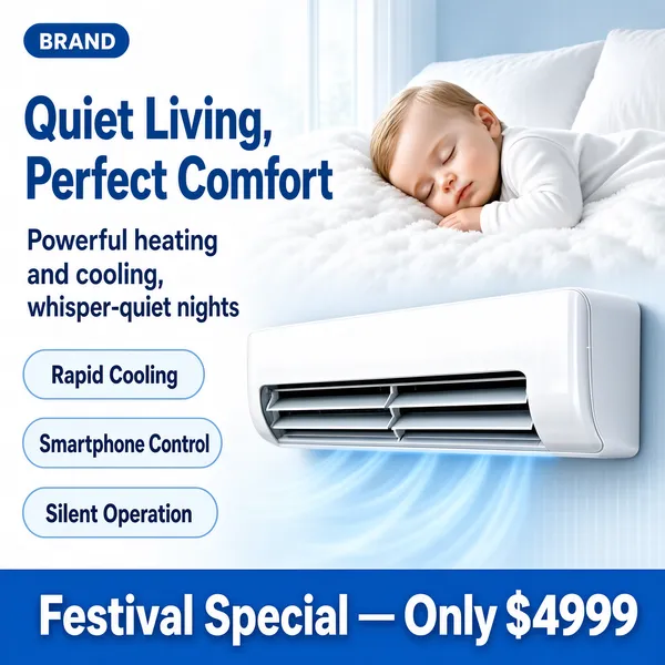 [Format]
Professional e-commerce product main image, square 1:1, soft home-appliance lifestyle style with gentle pastel tones.

[Colors]
Background is a bright white bedroom scene washed in pale blue morning light (#eef4f8 range). Headline steel-blue, pills light blue, bottom band cornflower blue with white type. No frame border.

[Layout]
Top-left: a small brand pill. The left column carries the headline, sub-line and three outlined feature pills. Upper-right: a sleeping baby. Lower-right to center: a wall-mounted split air conditioner in side profile. Bottom: a full-width blue price band.

[Subject]
A sleeping baby in a soft white onesie, resting on a fluffy white duvet at the upper right, eyes closed, peaceful expression — a white / Caucasian baby with fine light hair. Below, a glossy white wall-mounted air conditioner with a subtle blue airflow glow from its louvers; no adults.

[Headline]
Top-left blue pill with the brand name in white. Headline: "Quiet Living, Perfect Comfort" in bold steel-blue, sub-line "Powerful heating and cooling, whisper-quiet nights". Three light-blue pills: "Rapid Cooling", "Smartphone Control", "Silent Operation". Bottom band: "Festival Special — Only $4999" in heavy white caps.

[Mood]
Serene, family-warm and dependable; soft blues and whites evoking healthy, restful air.