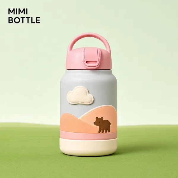 [Format]
Professional e-commerce product main image, square 1:1, pastel minimalist product-shot style for a kids' thermos.

[Colors]
Background split into a pale mint-sage upper field (#dde8d8) and a fresh grass-green lower field meeting in a soft horizon; the bottle blends blush pink, white and peach; small dark brand text top-left. No frame border.

[Layout]
A small two-line brand label sits top-left; the bottle stands alone in the centre, cropped generously with negative space all around, giving it a collectible-toy presence; the green lower field acts as a ground plane.

[Subject]
No people. A stubby cylindrical insulated kids' water bottle with a pink flip-lid cap with carry loop, a grey-white upper body, a wide blush-pink band decorated with a small cream cloud applique, a peach hill graphic and a tiny camel-brown bear silhouette, and a cream base ring; matte soft-touch finish.

[Headline]
Only a small dark two-line placeholder brand label in the top-left corner; no marketing copy anywhere else.

[Badges]
None.

[Mood]
Sweet, calm and toy-like; soft pastel blocking with a storybook landscape motif, whisper-quiet and giftable.