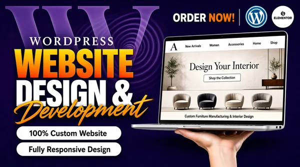 [Format]
Professional Fiverr gig cover, landscape 16:9 banner. Bold violet web-design advertising style with a glossy orange display title and a hand-held device hero. Modern, premium and confident. No watermark, no personal names.

[Layout]
A deep violet ground washed with a large pale translucent "W"-shaped letterform and soft concentric swirls behind the left-hand type, with a small logo lockup and an order line in the upper right. The left two-thirds carry the headline stack and two white pills; the right side holds a laptop mockup presented on an arm that rises from the bottom edge.

[Subject]
No people appear in full - only a single bare forearm and open hand rising from the lower right, palm up, balancing the laptop above it like a tray. The forearm reads as light / fair skin lit softly against the violet ground.

[Headline]
Stacked on the left, left-aligned: "WORDPRESS" in white serif caps on a single line; then "WEBSITE" in enormous heavy orange-to-white gradient condensed caps; then "DESIGN &" in very heavy white condensed caps; then "Development" in a flowing orange brush script overlapping the line above. Beneath, two stacked white rounded pills reading "100% Custom Website" and "Fully Responsive Design" in bold dark sentence case. In the upper right corner, "ORDER NOW!" in bold white caps with the "NOW" picked out in orange.

[Badges]
Top right, beside the order line: a round blue WordPress logo tile and a round black-and-white Elementor logo tile side by side, divided from the text by a short vertical rule.

[Devices]
The laptop is a slim silver-framed machine shown slightly angled, its screen displaying a light furniture-and-interior website: a brand "A" monogram at the left of a top navigation with "New Arrivals", "Women", "Accessories", "Home" and "Shop" plus a search glyph; a hero over a pale textured wall reading "Design Your Interior" with a small "Shop the Collection" button; a row of four curved upholstered armchairs photographed against a stone-effect wall; and a small caption band reading "Custom Furniture Manufacturing & Interior Design".

[Mood]
Sleek, modern and design-led; a rich violet ground with a glowing orange brushed title and a floating device balanced on a hand.