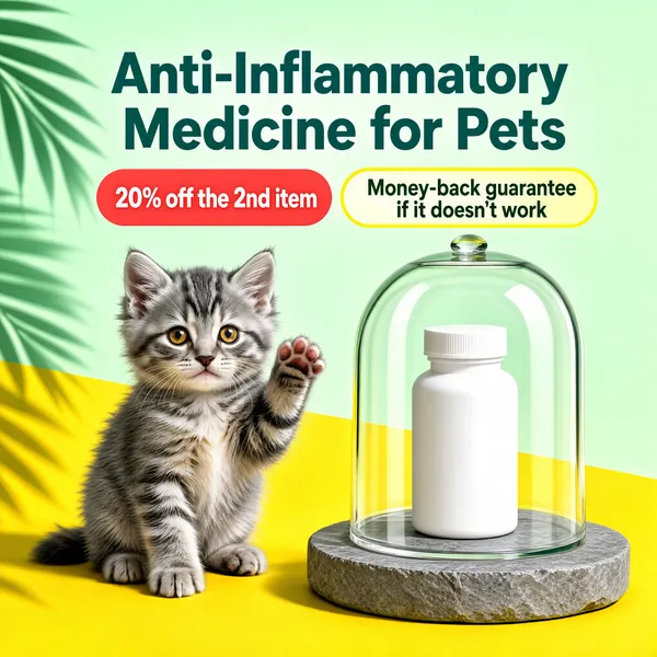 [Format]
Professional e-commerce product main image, square 1:1, bright cheerful pet-care style with a split pastel ground.

[Colors]
Background split on a soft diagonal: a mint-to-sage green upper zone (#cfe3d8 range) and a vivid yellow lower zone (#ffd84d range), with a palm-leaf shadow on the left; coral-red and teal accent pills; a clean white bottle; no frame border.

[Layout]
Headline centred at the top with two promo pills beneath it; the left half belongs to a sitting kitten; the right half holds a glass-dome display; a soft leaf silhouette runs down the left edge.

[Subject]
A fluffy grey tabby kitten sitting upright on the yellow ground, one paw raised mid-wave, golden eyes looking at the camera; beside it a matte white pill bottle stands on a grey stone disc beneath a clear glass cloche, like a tiny museum piece.

[Headline]
Top, bold teal-green caps: "Anti-Inflammatory Medicine for Pets". Below, a coral-red pill with white text "20% off the 2nd item" and next to it a yellow-outlined pill reading "Money-back guarantee if it doesn't work".

[Badges]
The two promo pills double as the claim badge row.

[Mood]
Friendly and trustworthy; fresh green-and-yellow palette with a charming feline ambassador front and centre.