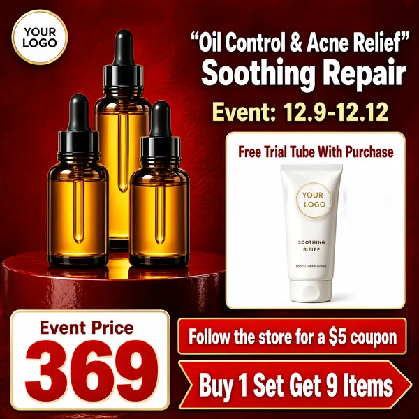 [Format]
Professional e-commerce product main image, square 1:1, rich Double-12 beauty promo with textured red backdrop and amber serum bottles.

[Colors]
Deep textured red background (#a01818 to #7a0f0f); amber glass bottles filled with golden serum; white and soft-gold typography; terracotta podium and offer box; bright red banner accents. No frame border.

[Layout]
Three dropper bottles stand on a dark-red pedestal at the left; the two-line headline occupies the upper right; an event date line sits beneath it; a white offer box with a product photo sits at the middle right; the bottom splits into a huge price card on the left and two stacked promo banners on the right.

[Subject]
Three amber glass serum bottles with black dropper caps and visible golden liquid, at staggered heights on a glossy crimson podium.

[Headline]
Upper right: 'Oil Control & Acne Relief' flanked by quote marks, 'Soothing Repair' beneath in bold white; below: 'Event: 12.9-12.12'; white box: 'Free Trial Tube With Purchase' over a photo of a white squeeze tube; bottom-left: 'Event Price' above a giant red '369'; right banners: 'Follow the store for a $5 coupon' and an arrow chip reading 'Buy 1 Set Get 9 Items'.

[Badges]
Top-left circular logo chip reading 'YOUR LOGO'; white offer box with product inset.

[Mood]
Rich, festive beauty luxury with a strong holiday-gifting push.