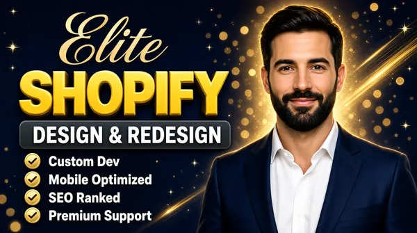 [Format]
Professional Fiverr gig cover, landscape 16:9 banner. Luxurious dark-navy advertising style with golden glow and premium serif-script accents. No watermark, no personal names.

[Layout]
A deep navy-blue background lit with golden bokeh dots, diagonal light streaks and small sparkles, brightest behind the subject. The left half is the typography and checklist column; the subject occupies the right half, chest-up.

[Subject]
Right side: a confident white / Caucasian man with short dark hair and a full dark beard, wearing a navy-blue suit jacket over a crisp white open-collar shirt, warm slight smile, looking directly at the camera. Soft golden rim light. No text or watermark on the subject.

[Headline]
Stacked on the left: "Elite" in an elegant gold script with a swash capital; then "SHOPIFY" in enormous heavy yellow 3D extruded caps with a soft shadow; then a dark grey rounded slab with "DESIGN & REDESIGN" in bold white caps. Beneath, four checklist rows, each with a gold circular check icon on the left and bold white text: "Custom Dev", "Mobile Optimized", "SEO Ranked", "Premium Support".

[Mood]
Premium, assured and high-ticket; deep navy with champagne-gold glow and bokeh, dimensional yellow display type and a calm, trustworthy human presence.