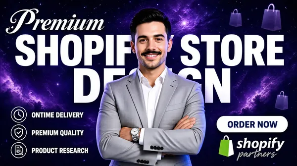 [Format]
Professional Fiverr gig cover, landscape 16:9 banner. Rich purple galaxy advertising style with giant white display type. No watermark, no personal names.

[Layout]
A deep violet-purple nebula background scattered with fine stars and faint glowing clouds, with small ghosted Shopify shopping-bag icons floating near the top-right and lower-right. The headline runs behind the subject across the upper frame; feature rows sit lower left; buttons and marks sit lower right.

[Subject]
Centre, waist-up and overlapping the headline: a young white / Caucasian man with short black hair, a moustache and light stubble, wearing a light grey suit jacket over a white open-collar shirt, arms crossed with a silver wristwatch visible, smiling at the camera. No text or watermark on the subject.

[Headline]
Top-left: "Premium" in white with an ornate swash capital P. Across the middle, in enormous heavy white caps: "SHOPIFY STORE", with the subject's head breaking the line between the words, then "DESIGN" in heavy white caps to the right. Lower left, three feature rows with thin white circular outline icons and white bold caps: "ONTIME DELIVERY" with a clock icon, "PREMIUM QUALITY" with a shield icon, and "PRODUCT RESEARCH" with a document icon.

[Badges]
Lower right: a white rounded pill button with "ORDER NOW" in bold dark-blue caps; beneath it the Shopify green shopping-bag mark with "shopify" in white lowercase and "partners" in a light grey script.

[Mood]
Premium, aspirational and sales-led; starry purple ground with monumental white type, confident crossed-arms portrait and clean trust marks.