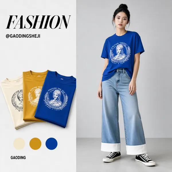 [Format]
Professional e-commerce product main image, square 1:1, minimalist split collage for women's graphic tees.

[Colors]
Left panel light gray-white; right panel pale studio gray (#dcdcda); black editorial text; tees in cream, mustard yellow and royal blue; No frame border.

[Layout]
Vertical split: left third shows a big italic magazine-style wordmark with handle below, three folded-look tees fanned beneath and three color dots plus small caption at the bottom; right two-thirds is a full-body model shot.

[Subject]
A young woman with a bun wearing a royal-blue short-sleeve tee with a white graphic print, loose light-blue wide-leg jeans with white contrast cuffs, and black-and-white canvas sneakers, standing against a plain studio wall.

[Headline]
Big black italic serif-style "FASHION" top-left with small handle "@GAODINGSHEJI" under it; three color dots with caption "GAODING" at bottom-left as a palette note; no other copy.

[Mood]
Editorial, effortless streetwear minimalism with a lookbook feel.