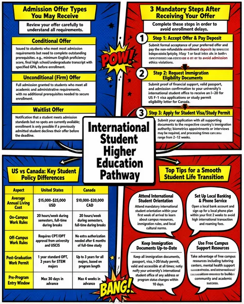 The infographic, titled "International Student Higher Education Pathway," is presented in a dynamic comic book style with bold colors (primarily blue, red, and yellow), explosive sound effects like "POW!" and "BANG!", speech bubbles, and stylized panel divisions. The layout is divided into four main sections arranged around a central title box, each section occupying a quadrant of the image and connected by visual lines and action bursts. In the top-left quadrant, under the heading "Admission Offer Types You May Receive," three types of offers are explained in white boxes with yellow headers: - **Conditional Offer**: Issued to students who meet most admission requirements but need to complete outstanding prerequisites, e.g., minimum English proficiency score, final high school/undergraduate transcript with specified GPA, before enrollment. - **Unconditional (Firm) Offer**: Full admission granted to students who meet all academic and administrative requirements, with no additional prerequisites needed to secure enrollment. - **Waitlist Offer**: Notification that a student meets admission standards but no spots are currently available; enrollment is only possible if a previously admitted student declines their offer before the deadline. Above this section, a small advisory box states: "Review your offer carefully to understand all requirements." In the top-right quadrant, under the heading "3 Mandatory Steps After Receiving Your Offer," three sequential steps are outlined in white boxes with yellow headers, with an advisory note above: "Complete these steps in order to avoid enrollment delays." - **Step 1: Accept Offer & Pay Deposit**: Submit formal acceptance of your preferred offer and pay the non-refundable enrollment deposit by the specified deadline, typically May 1 for fall intake in both countries; only accept one offer to avoid admission ethics violations. - **Step 2: Request Immigration Eligibility Documents**: Submit proof of financial support, valid passport, and admission confirmation to your university’s international student office to receive an I-20 for US F-1 visa applications or study permit eligibility letter for Canada. - **Step 3: Apply for Student Visa/Study Permit**: Submit your application with all supporting documents to the respective country’s immigration authority; biometrics appointments or interviews may be required, and processing times can range from 2-12 weeks. The bottom-left quadrant features a comparative table titled "US vs Canada: Key Student Policy Differences." The table has five rows and three columns (Aspect, United States, Canada). The aspect column headers are highlighted in yellow. The data is as follows: - **Average Annual Living Cost**: United States: $15,000-$25,000 USD; Canada: $10,000-$20,000 CAD. - **On-Campus Work Rules**: United States: 20 hours/week during semesters, full-time during breaks; Canada: 20 hours/week during semesters, full-time during breaks. - **Off-Campus Work Rules**: United States: Requires CPT/OPT approval from university and USCIS; Canada: No extra authorization needed after 6 months of full-time study. - **Post-Graduation Work Permit**: United States: 1 year standard OPT, 3 years for STEM majors; Canada: Up to 3 years for all majors, based on program length. - **Pre-Program Entry Window**: United States: Max 30 days in advance; Canada: Max 4 weeks in advance. The bottom-right quadrant, titled "Top Tips for a Smooth Student Life Transition," lists four key recommendations in speech bubbles: - **Attend International Student Orientation**: Attend mandatory international student orientation within your first week of arrival to learn about campus resources, immigration rules, and local cultural norms. - **Set Up Local Banking & Phone Service**: Open a local bank account and sign up for a local phone plan within your first 2 weeks to avoid high international transaction and roaming fees. - **Keep Immigration Documents Up-to-Date**: Keep all immigration documents, passport, visa, I-20/study permit, valid and accessible at all times; notify your university’s international student office of any address or program status changes within 10 days. - **Use Free Campus Support Resources**: Take advantage of free campus resources including tutoring centers, mental health support services, and international student association events to build community and academic success. The overall design uses comic-book aesthetics to make complex information engaging and easy to follow, with clear visual hierarchy through color contrast, speech bubbles, and action words. The central title "International Student Higher Education Pathway" is prominently displayed in a large white box with black text, serving as the anchor point connecting all four quadrants.