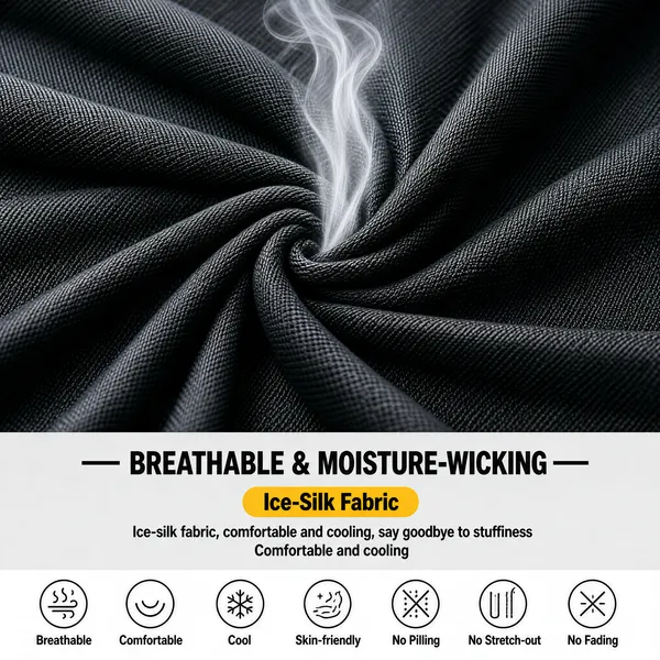 [Format]
Professional e-commerce product main image, square 1:1, fabric-detail promo style with a dark textile macro shot and a bright info band.

[Colors]
Background a close-up of charcoal-black #2b2f33 woven fabric twisted into a soft peak with a puff of white mist; centre band light grey #ececec; accents golden yellow; No frame border.

[Layout]
The full-bleed fabric photo fills the top two-thirds, a light horizontal info band crosses the lower third with centred text, and a white footer strip carries a row of seven line icons.

[Subject]
No people; a macro photograph of dark ice-silk fabric gathered into a diagonal twist at the centre, fine white airflow mist rising from the pinch point to suggest ventilation.

[Headline]
On the grey band: "Breathable & Moisture-Wicking" in heavy black caps flanked by short dashes; beneath it a golden-yellow pill "Ice-Silk Fabric"; then "Ice-silk fabric, comfortable and cooling, say goodbye to stuffiness" in black with a smaller grey English sub-line.

[Badges]
Bottom strip: seven thin-line circular icons labelled "Breathable", "Comfortable", "Cool", "Skin-friendly", "No Pilling", "No Stretch-out", "No Fading".

[Mood]
Sleek, technical and tactile; dark cloth drama with a bright spec band.