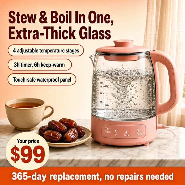 [Format]
Professional e-commerce product main image, square 1:1, warm kitchen-appliance promo in peach tones.

[Colors]
Background warm peach #f7ddc8 fading to cream, with a marble counter strip and a sheer curtain at right; accents terracotta red and soft brown; No frame border.

[Layout]
The headline block sits upper-left with three rounded info pills stacked beneath it, the glass kettle dominates the right, a teacup and a plate of dried dates sit lower-left, and a price circle plus an orange footer band close the bottom.

[Subject]
A clear glass electric kettle with water mid-boil and bubbles rising, a blush-pink plastic base, handle and lid, with min-max level markings on the glass, fresh bubbles clinging to the inner wall and the pink handle echoing the warm backdrop. No people.

[Headline]
"Stew & Boil In One," over "Extra-Thick Glass" in heavy dark-red caps. Red-outlined pills: "4 adjustable temperature stages", "3h timer, 6h keep-warm", "Touch-safe waterproof panel". Bottom-left: "Your price" with "$99" enormous in red. Orange band: "365-day replacement, no repairs needed" in white.

[Mood]
Cozy, homely and reassuring; warm peachy light around bubbling glass and homely countertop props.