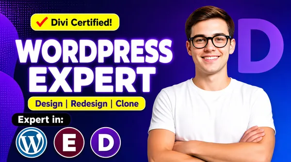 [Format]
Professional Fiverr gig cover, landscape 16:9 banner, bold purple-blue gradient commercial style with a confident human subject and platform badges. High-energy, expert-led. No watermark, no personal names.

[Layout]
A deep purple-to-blue gradient background with a subtle dotted texture and abstract shape on the left. The left two-thirds carry the headline, certification banner and platform badges; the right third holds a cut-out portrait of a man.

[Subject]
On the right: a young white / Caucasian man with short brown hair, wearing black-rimmed glasses and a white crew-neck t-shirt, arms crossed, chest-up, smiling at the camera. Clean studio cut-out against the purple-blue gradient. No text or watermark on the subject.

[Headline]
Top left: a yellow rounded pill with a red checkmark and "Divi Certified!" in purple bold text. Below, "WORDPRESS" in enormous heavy white rounded caps with a soft glow, then "EXPERT" beneath it in the same style. Under the title, a yellow rounded pill with purple text "Design | Redesign | Clone". At the bottom left, a black rounded pill with "Expert in:" in white, followed by three circular badges: WordPress, Elementor and Divi.

[Badges]
The three circular badges at the bottom left: blue WordPress "W", maroon Elementor "E" and purple Divi "D". A large purple Divi "D" watermark floats in the upper right.

[Mood]
Confident, expert and modern; purple-blue gradient with glowing white type, human presence and Divi/WordPress platform focus.