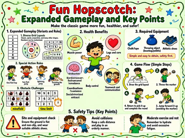 This infographic is presented in a fresh, cute cartoon style. The overall background is light green, decorated with hand-drawn wavy lines, stars, and colorful dots along the border, creating a relaxed and lively atmosphere. The title "Fun Hopscotch: Expanded Gameplay and Key Points" uses large artistic lettering in a red-and-green combination, and the subtitle below, "Make the classic game more fun, healthier, and safer!", further clarifies the theme. The infographic's content is divided into five major modules, with a clear layout distributed symmetrically left and right: **1. Expanded Gameplay (Variants and Rules)** Located in the upper-left corner, containing three subsections: - **1. Diverse Grid Layouts**: shows three different shapes of hopscotch grid designs: on the left, the classic vertical arrangement (numbers 1 to 10); in the middle, a spiral circle (10 at the center, with 9, 8, 7, 6, 5, 4, 3, 2, 1 in order on the outer ring); on the right, a serpentine winding path (numbers 1 to 16). Text description: "Classic, spiral, serpentine, and many other shapes. Numbers can be customized." - **2. Special Action Rules**: four cartoon illustrations show four jumping actions: one-foot hop, two-foot jump, spinning jump, and touch-down. Text description: "Add commands such as alternating one-foot/two-foot, spinning, and touching the ground." - **3. Obstacle Challenges**: shows two challenge modes: on the left, "minefield," with bomb icons placed in the squares that must be skipped over; on the right, "time limit," with alarm clock icons placed in the squares to indicate a time limit. Text description: "Set up minefields (skip over), timed challenges, and backward throwing." **2. Health Benefits** Located in the upper-middle area, presented as four circular icons with text descriptions: - Muscle icon: strengthens muscle power, exercising the legs and core muscle groups. - Heart icon: improves cardiovascular function, promotes blood circulation, and increases endurance. - Brain icon: trains coordination and balance, improving body control. - Two-person interaction icon: promotes social interaction, cultivating teamwork and communication. At the center is a cartoon image of a boy in mid-jump, connecting the various benefits. **3. Required Equipment** Located in the upper-right corner, listing three pieces of basic equipment with their pictures: - Chalk/tape - Throwing object (beanbag/pebble) - Athletic shoes Below is a note: "Simple and easy to obtain, safety first." **4. Game Flow (Simple Steps)** Located in the middle-right area, showing the game steps through a four-step flowchart: 1. Draw the grid layout (a boy drawing squares with chalk) 2. Throw the marker (a boy throwing a small pebble) 3. Jump forward (avoiding the marker) (a boy jumping across the squares) 4. Return to pick it up and complete the round (a boy bending down to pick up the pebble) The steps are connected by yellow arrows, forming a closed loop. **5. Safety Tips (Key Points)** Located at the bottom, containing three safety suggestions, each with a warning icon or cartoon illustration: - Site and equipment check: a triangular warning sign icon, with the text "Ensure the ground is flat and non-slip, and wear suitable athletic shoes." - Avoid collisions: two boys colliding, with a cross-mark icon, with the text "Keep a safe distance and play in an orderly manner." - Moderate exercise and rest: an icon of a boy drinking water, with the text "Remember to hydrate and avoid excessive fatigue."