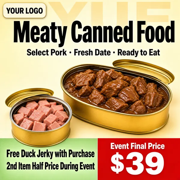 [Format]
Professional e-commerce product main image, square 1:1, warm appetizing canned-food layout with red price block.

[Colors]
Cream-to-pale-yellow gradient background with faint oversized letters; golden tin lids; black heavy headline; red bottom-right price block; green-tinted bottom strip; No frame border.

[Layout]
Logo chip top-left; giant headline upper-center over a ghosted watermark word; three-dot benefit line beneath; open oval tin with peeled gold lid center-right, small round open tin lower-left; bottom band splits into a green card left and red price card right.

[Subject]
An oval gold-topped tin opened to show braised meat in gravy, beside a small round can of pink diced meat chunks with its lid rolled back, shot on a soft cream backdrop.

[Headline]
Huge black text "Meaty Canned Food"; dotted benefit line "Select Pork · Fresh Date · Ready to Eat"; bottom-left black bold "Free Duck Jerky with Purchase" and line "2nd Item Half Price During Event"; red card "Event Final Price $39".

[Badges]
"YOUR LOGO" chip top-left, red corner price card, green promo strip.

[Mood]
Hearty and appetite-forward, promising fresh protein-rich meals.