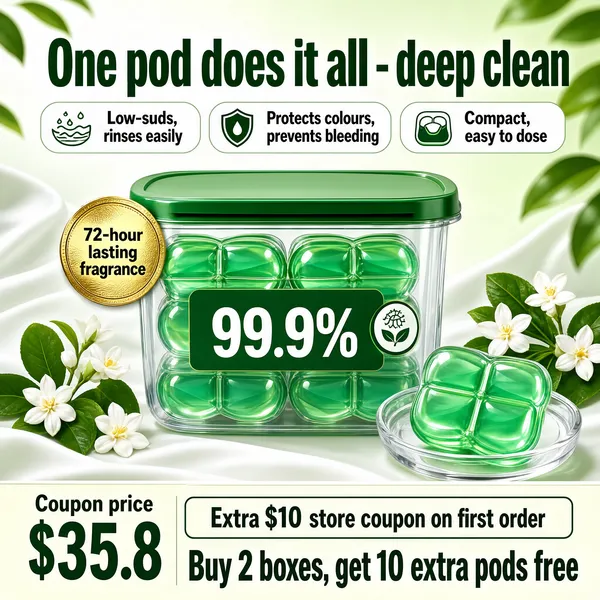[Format]
Professional e-commerce product main image, square 1:1, fresh laundry-care style with a botanical white-green set and a transparent pod tub hero.

[Colors]
Background is a soft white-to-sage gradient (#eef2e6 range) with silky fabric folds and blurred green leaves in the corners. Accents are emerald green type and pills, jade-green pod gel, jasmine white flowers, and a gold seal. No frame border.

[Layout]
The headline spans the top with three icon pills beneath it. The clear tub sits centre stage, a gold seal overlapping its left shoulder, a single pod in a dish at the lower right, flowers and leaves tucked around. A pale footer band carries coupon and bundle text with a price block at the left.

[Subject]
Centre: a clear plastic tub with a green flip-lid, filled with translucent jade-green laundry pods, each a two-chamber squishy cube catching the light; the tub label carries a green brand block, a "99.9%" germ-and-mite claim, and a botanical badge. One loose pod rests in a clear dish nearby; white jasmine blossoms and fresh green leaves frame the tub. No people.

[Headline]
Top, very heavy green display caps: "One pod does it all - deep clean". Beneath, three slim white pills with green icons and bold: "Low-suds, rinses easily", "Protects colours, prevents bleeding", "Compact, easy to dose".

[Badges]
A gold foil circle seal on the tub edge reads "72-hour lasting fragrance". Footer: "Coupon price" above a bold "$35.8", a green outline strip "Extra $10 store coupon on first order", and heavy green caps "Buy 2 boxes, get 10 extra pods free".

[Mood]
Fresh, hygienic and garden-bright; crisp green purity with glossy pods and stacked savings, spring-clean credibility.