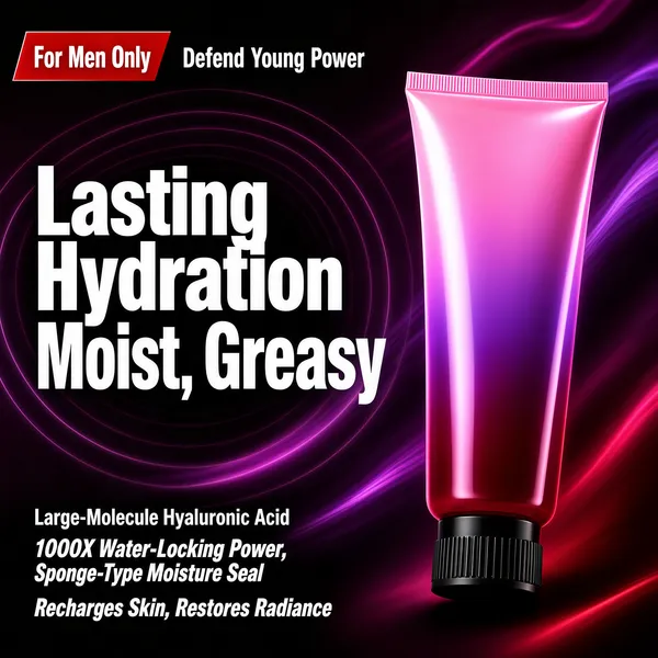 [Format]
Professional e-commerce product main image, square 1:1, sleek men's-grooming style with a flowing abstract backdrop and a luminous gradient hero tube.

[Colors]
Deep plum-to-black background (#2a1030 to #120510) streaked with magenta and violet silk-like light waves; the tube glows in a pink-purple-to-crimson gradient with a black cap; type in white with one small red tag. No frame border.

[Layout]
The tube stands tilted at the right, cap down, catching a neon sheen. The left half stacks the messaging: a small red corner tag and white line at top, two giant headline lines beneath, then a left-aligned cluster of small benefit lines in the lower left. Circular wave rings echo behind the type.

[Subject]
No people. A minimalist skincare tube in a satin gradient finish that shifts from orchid pink at the shoulders to wine red at the base, matte black screw cap, unbranded surface, rendered like glass with a soft inner glow against the dark waves.

[Headline]
Top-left: a small red angled tag reading "For Men Only" followed by white text "Defend Young Power". Centre, in very heavy white caps on two lines: "Lasting Hydration" and "Moist, Never Greasy". Lower-left in smaller white: "Large-Molecule Hyaluronic Acid", then bold italic lines "1000X Water-Locking Power, Sponge-Type Moisture Seal" and "Recharges Skin, Restores Radiance".

[Mood]
Night-club masculine polish; velvet darks with electric pink glow, science-backed claims in a quiet confident voice.