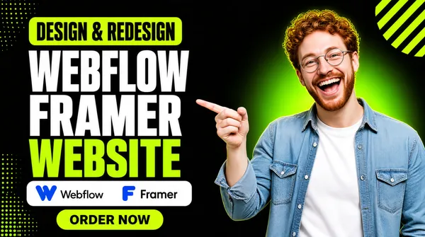 [Format]
Professional Fiverr gig cover, landscape 16:9 banner. Bold high-contrast advertising style on black with electric green accents. No watermark, no personal names.

[Layout]
A black full-bleed ground lit by a wide soft green radial glow behind the right side. A circle of diagonal lime stripes is clipped into the top-right corner, and small green halftone dot clusters dot the lower-left corner and mid-left edge. The left half is the headline stack; the subject occupies the right half, cropped at the chest and bleeding off the right edge.

[Subject]
On the right: a cheerful young white / Caucasian man with curly reddish-brown hair, round thin-frame glasses and a trimmed beard, wearing a light denim shirt over a white t-shirt, laughing openly with his mouth wide and pointing with his right index finger toward the headline on the left. Bright key light with a green rim. No text or watermark on the subject.

[Headline]
Stacked on the left: a solid lime rounded slab carrying "DESIGN & REDESIGN" in bold black caps; then "WEBFLOW" in enormous heavy white condensed caps; then "FRAMER" in the same heavy white condensed caps; then "WEBSITE" in enormous heavy lime-green condensed caps. Beneath, a white rounded bar holding two logo lockups side by side: the blue Webflow "W" mark with the word "Webflow" in dark text, and the blue Framer "F" mark with the word "Framer" in dark text. At the bottom, a lime rounded pill button with "ORDER NOW" in bold black caps.

[Mood]
Upbeat, energetic and creator-flavoured; black ground with lime-green punch, laughing human presence and clean white display type.