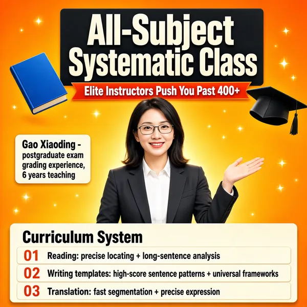 [Format]
Professional e-commerce course main image, square 1:1, warm orange all-subject training promo with an instructor portrait and curriculum list.

[Colors]
Background radiant orange-to-amber gradient (#f59a2b to #fcd08a) with soft sparkles, primary accent deep charcoal headline block, secondary white and red-orange ribbon, cream curriculum panel, floating blue book and black graduation cap props, No frame border.

[Layout]
Center features a female instructor in business attire gesturing welcome; above her a massive black slab headline and a red-orange subtitle ribbon; left side shows a small bio chip with bullet lines; bottom third is a wide cream panel titled "Curriculum System" listing three numbered rows.

[Subject]
A smiling young Asian woman with glasses, wearing a white shirt and dark blazer, palm open in a presenting gesture against the glowing orange backdrop.

[Headline]
Black slab: "All-Subject Systematic Class". Orange ribbon: "Elite Instructors Push You Past 400+". Bio chip: "Gao Xiaoding - postgraduate exam grading experience, 6 years teaching". Panel rows: "01 Reading: precise locating + long-sentence analysis", "02 Writing templates: high-score sentence patterns + universal frameworks", "03 Translation: fast segmentation + precise expression".

[Badges]
Instructor bio chip, curriculum panel, graduation cap and book props.

[Mood]
Energetic and encouraging, promising expert-led score breakthroughs.