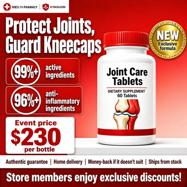 [Format]
Professional e-commerce product main image, square 1:1, bold pharmacy-style supplement advertising with a confident red palette.

[Colors]
A strong red gradient background from #e04a4a to #f6d9d4 toward the bottom; the white bottle with a red cap pops at centre-right; white and red typography; a gold seal and a deep-red bottom band. No frame border.

[Layout]
A slim white header bar top-left with two logo tags. A two-line huge white headline occupies the upper left, followed by two red percentage blocks with white rings. The supplement bottle stands on a white ledge at the right with a bone-illustration label. A gold circular seal floats beside the cap. The bottom third stacks a white claims row and a red member-deal bar.

[Subject]
A white cylindrical supplement bottle with a bright red screw cap; the label shows "Joint Care Tablets" in bold characters with a red joint illustration and "DIETARY SUPPLEMENT 60 Tablets" in small caps; standing on a clean white shelf edge, crisp commercial lighting.

[Headline]
White stack upper left: "Protect Joints, Guard Kneecaps" in very heavy characters. Two ringed blocks: "99%+ active ingredients" and "96%+ anti-inflammatory ingredients" in white on red. Gold seal: "Exclusive formula". Bottom-left card: "Event price $230 per bottle" with "$230" huge in red. White row with dividers: "Authentic guarantee | Home delivery | Money-back if it doesn't suit | Ships from stock". Red bar: "Store members enjoy exclusive discounts!" in white.

[Badges]
Gold "NEW" circular seal; two small logo tags in the top bar.

[Mood]
Assertive, pharmacy-trust styling; saturated red with clinical white, urgent senior-care messaging at thumbnail size.
