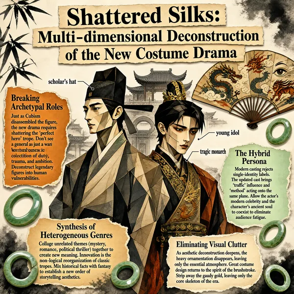 The infographic titled "Shattered Silks: Multi-dimensional Deconstruction of the New Costume Drama" presents a conceptual analysis of contemporary Chinese historical dramas using a visually rich, collage-style layout inspired by Cubism and traditional East Asian art. The title is displayed prominently at the top in a torn-paper effect with bold black serif font on beige rectangular strips, evoking a sense of fragmentation and deconstruction. The overall design blends geometric abstraction with cultural motifs such as bamboo leaves, jade rings, ink wash textures, and a traditional fan adorned with dragons and mythical creatures, creating a hybrid aesthetic that mirrors the content's theme. The central visual element features two stylized male figures rendered in a fragmented, cubist style, their faces composed of angular planes and sharp lines. The figure on the left wears a scholar’s hat (labeled "scholar's hat") and is associated with the text block "Breaking Archetypal Roles," while the figure on the right, labeled "young idol" and "tragic monarch," represents the dual identity explored in the concept of "The Hybrid Persona." These figures are set against a backdrop of a classical Chinese pavilion, further grounding the theme in historical context. The infographic is organized into five key thematic sections, each presented as a distinct text box with a unique background color and torn-edge design, positioned around the central figures: 1. **Breaking Archetypal Roles** (on an orange-brown background): - Text: "Just as Cubism disassembled the figure, the new drama requires shattering the ‘perfect hero’ trope. Don’t see a general as just a warrior; he is a geometric collection of duty, trauma, and ambition. Deconstruct legendary figures into human vulnerabilities." 2. **The Hybrid Persona** (on a pale green background): - Text: "Modern casting rejects single-identity labels. The updated cast brings ‘traffic’ influence and ‘method’ acting onto the same plane. Allow the actor’s modern celebrity and the character’s ancient soul to coexist to eliminate audience fatigue." 3. **Synthesis of Heterogeneous Genres** (on a tan background): - Text: "Collage unrelated themes (mystery, romance, political thriller) together to create new meaning. Innovation is the non-logical reorganization of classic tropes. Mix historical facts with fantasy to establish a new order of storytelling aesthetics." 4. **Eliminating Visual Clutter** (on a beige background): - Text: "As aesthetic deconstruction deepens, the heavy ornamentation disappears, leaving only the essential atmosphere. Great costume design returns to the spirit of the brushstroke. Strip away the gaudy gold, leaving only the core skeleton of the era." 5. Additional labels directly annotate the figures: - "scholar's hat" points to the left figure. - "young idol" and "tragic monarch" label the right figure. Visual elements include scattered jade rings (green, curved), stylized eyes (one fiery, one serene), and ink-wash smudges in gray-black tones, reinforcing the theme of deconstruction and artistic fusion. The fan in the upper right quadrant displays segments with traditional Chinese imagery—dragons, clouds, and animals—symbolizing the blending of myth and history. The chart type is not quantitative but conceptual, relying on qualitative textual content and symbolic imagery to convey its message. Data encoding is achieved through spatial arrangement, color coding, and direct labeling, with no numerical data present. The overall layout is asymmetrical and layered, mimicking the idea of “shattered silks” and multi-dimensional interpretation. This infographic serves as both an analytical framework and an artistic statement, arguing for a new paradigm in costume dramas—one that embraces complexity, hybridity, and minimalism over formulaic heroism and ornate spectacle. It positions modern Chinese historical drama as a dynamic, evolving form of storytelling that draws from multiple genres, psychological depth, and visual restraint.