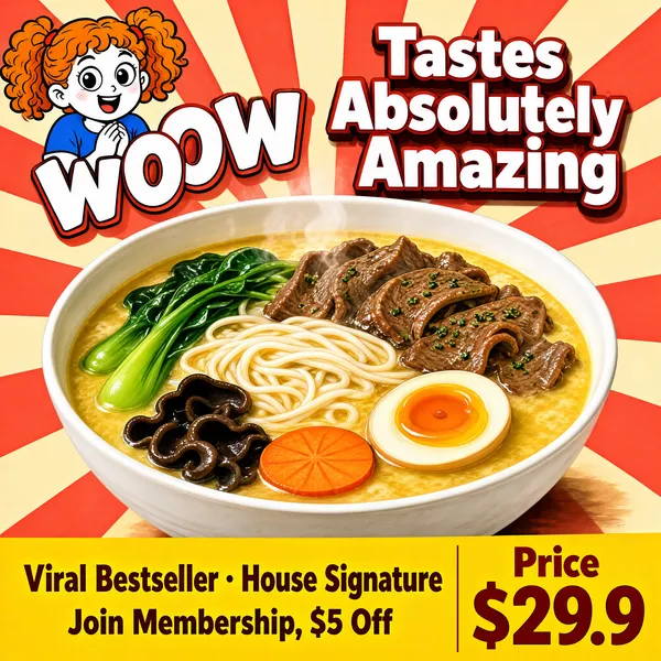 [Format] Professional e-commerce food main image, square 1:1, retro hand-drawn cartoon promo with sunburst backdrop. No watermark, no personal names.

[Colors] Background a warm sunburst of alternating coral-red #e8623d and cream #f6ecd4 rays radiating from the center; accent colours mustard yellow, leafy green broth tones and white type; bottom band a wide yellow banner. No frame border.

[Layout] A big white bowl of noodle soup dominates the center, filling the lower two-thirds with broth and toppings clearly visible. Upper-left corner holds a hand-drawn cartoon girl mascot with the word "WOW" in playful outline letters; upper-right carries a two-line bold headline. The bottom edge is a yellow strip split between left copy and a right-side price block.

[Subject] No people (mascot only). A hearty milky-yellow beef noodle soup in a white ceramic bowl: golden broth, a nest of thin white noodles, bright green choy sum leaves, curly beef slices dusted with herbs, dark wood-ear mushrooms, a halved soft-boiled egg with jammy yolk and a carrot slice. Steam-fresh, glossy, appetizing.

[Headline] Upper-right in heavy white characters with soft shadow: "Tastes Absolutely Amazing" across two lines. Upper-left: "WOW" in retro bubble outline type beside the cartoon girl — a cheerful white cartoon girl mascot with big eyes and curly orange hair in pigtails, blue top, hands clasped in delight.

[Badges] Bottom yellow band: left reads "Viral Bestseller · House Signature" above "Join Membership, $5 Off"; right block shows "Price" small above a huge "$29.9" in bold dark red.

[Mood] Fun, retro and mouthwatering; comic energy framing a comforting bestseller bowl.