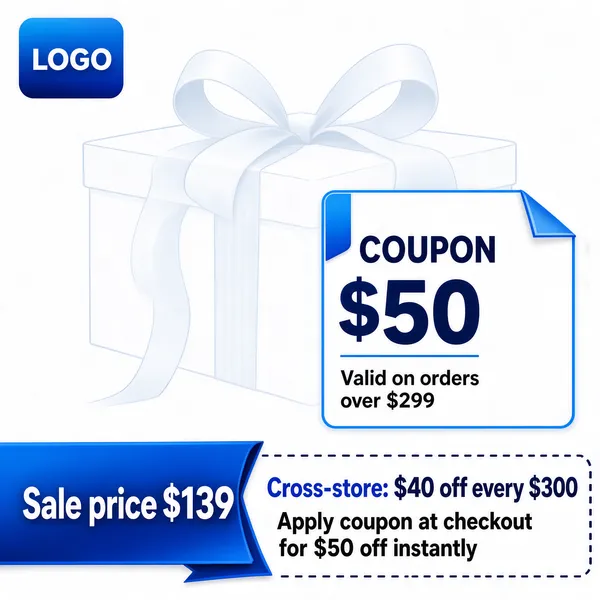 [Format]
Professional e-commerce product main image, square 1:1, ultra-clean coupon-promo style with a ghosted gift graphic and layered price chips.

[Colors]
Background white with a barely visible pale grey gift box and ribbon graphic filling the centre. Chips in blue gradient and soft blue outline. Dark blue text throughout. No frame border.

[Layout]
The top-left holds a blue logo chip with placeholder text. The centre is occupied by the faint gift-box watermark. The right-middle carries a blue-outlined coupon card with a folded corner. The bottom band pairs a blue corner ribbon with a price on the left and a dashed-edge coupon line on the right.

[Subject]
No people. A softly ghosted white gift box with a large looped ribbon bow, rendered at very low opacity as a background motif; no physical product photo is present.

[Headline]
Coupon card: a small blue tag "COUPON" above a large "$50" and the line "Valid on orders over $299". Bottom-left blue ribbon: "Sale price $139" in white. Bottom-right area: blue text "Cross-store: $40 off every $300" above a darker line "Apply coupon at checkout for $50 off instantly".

[Mood]
Light, tidy and promotion-first; airy white minimalism with blue chips that put the discount front and centre.