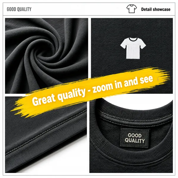 [Format]
Professional e-commerce product main image, square 1:1, minimal garment-detail collage on white with one bold brush-stroke banner.

[Colors]
Background white (#ffffff range) with a hairline grey inner frame, charcoal-grey fabric photographs, black and white type, one yellow brush stroke; No frame border.

[Layout]
A slim header strip along the top - grey caps at the left, a tiny tee icon with a caption at the right; four fabric close-ups arranged in a loose 2x2 offset around the centre; a yellow brush-stroke banner running diagonally across the middle.

[Subject]
No people. Four macro shots of a charcoal-black cotton tee: a twisted-fabric swirl, a seam and hem detail, a small white chest-print motif, and the neckline with a woven brand label.

[Headline]
Grey small caps top-left: "GOOD QUALITY". White characters on the yellow brush stroke: "Great quality - zoom in and see". Black caps top-right beside a tiny tee glyph: "Detail showcase".

[Mood]
Craft-led and reassurance-driven; monochrome fabric textures punctuated by one confident yellow swipe.