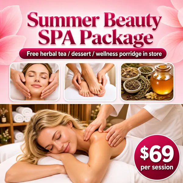 [Format]
Professional e-commerce product main image, square 1:1, soft romantic spa-advertising style with gentle pink gradients and photographic panels.

[Colors]
Background a soft blush-pink gradient (#f7c9d4 to #fbe3ea range) with large translucent petal shapes drifting across it; deep magenta-pink as the primary accent for type and pills; white rounded photo panels; a solid magenta price disc; no frame border.

[Layout]
Headline block across the top, a pill-shaped sub-banner directly beneath it, a row of three rounded photo thumbnails in the middle band, and a large lifestyle photograph filling the bottom half of the tile. A circular price badge overlaps the bottom-right corner of the photo.

[Subject]
Bottom half: a relaxed white / Caucasian woman with blonde hair lying on a white massage table, eyes closed with a contented smile, while a fair-skinned masseuse's hands press into her shoulder; rolled white towels and warm wood shelving behind her. The three thumbnails above show a close-up facial massage, a foot massage, and jars of dried herbs beside golden honey.

[Headline]
Top, large glossy magenta display type with a soft shine: "Summer Beauty SPA Package". Beneath, a rounded pink pill with white text: "Free herbal tea / dessert / wellness porridge in store". Bottom-right, a magenta circle carrying "$69" in big white numerals with "per session" in small white caps.

[Mood]
Soft, pampering and feminine; rosy gradients and warm spa photography made to trigger an instant booking.