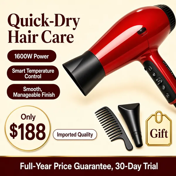 [Format]
Professional e-commerce product main image, square 1:1, polished beauty-appliance advertising style with a cream studio backdrop, glossy red hero product and stacked maroon feature labels.

[Colors]
Warm cream background #f4e9dc with a darker taupe band at the bottom; the hair dryer reads glossy red #d42a2a with a black nozzle; accents of deep maroon #8c3a3a labels, a gold gift badge and white type. No frame border.

[Layout]
The red hair dryer angles in from the upper right, dominating the centre; the left column stacks the two-line headline and three maroon pills; a small comb and nozzle attachment sit at the lower right with a gold gift tag; a price block and dark maroon bar run along the bottom.

[Subject]
A glossy red professional hair dryer with a black tapered nozzle, black handle with controls and a dark air inlet, shown large at a dynamic tilted angle with crisp reflections, accompanied by a black styling comb and a slim concentrator nozzle attachment. No people.

[Headline]
Left column, two stacked lines of very large dark maroon serif-flavoured display type: "Quick-Dry" and "Hair Care"; below, three solid maroon rounded pills in white text: "1600W Power", "Smart Temperature Control", "Smooth, Manageable Finish". Bottom-left cream circle: "Only" small above a huge dark "$188". Bottom maroon bar in white: "Full-Year Price Guarantee, 30-Day Trial".

[Badges]
A gold outlined tag near the attachments reading "Gift"; a small white pill beside the price reading "Imported Quality".

[Mood]
Sleek, salon-grade and confident; creamy warmth against glossy red with rich maroon typography.