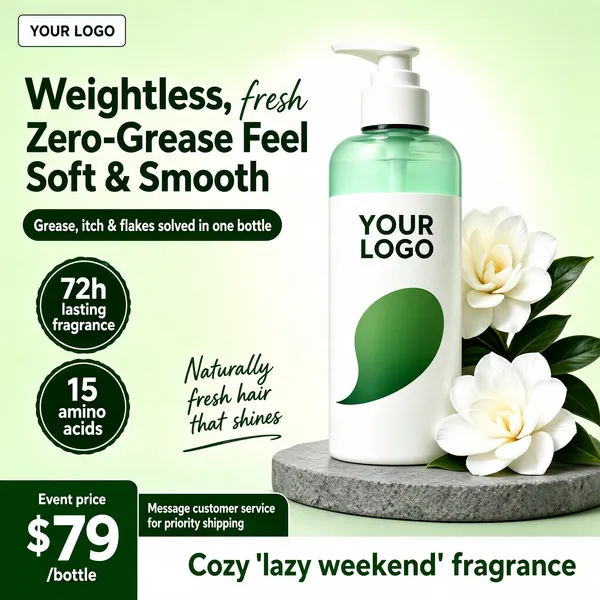 [Format]
Professional e-commerce product main image, square 1:1, fresh botanical hair-care style on an airy pale-green studio set with gardenia florals.

[Colors]
Background a soft mint-to-sage green (#cfe3c0 range) washed brighter behind the bottle, white bottle with green accents, dark-green, black and white type; No frame border.

[Layout]
A logo chip with "YOUR LOGO" top-left; the two-line headline upper-left; a green pill beneath it; two dark-green circular stamps on the left; the pump bottle large right of centre standing on a grey stone; white gardenia blossoms at the base; a small script note above the price; a green price block and a white claim band along the bottom.

[Subject]
No people. A tall white pump bottle with a green-ringed pump head, green wordmark and soft green blob motif, translucent mint shampoo visible through the shoulder; a white gardenia flower resting on the grey stone beside it and another behind.

[Headline]
Upper-left dark-green bold characters: "Weightless, Zero-Grease Feel" over "Soft & Smooth", with a small script word ghosted between. Green pill, white text: "Grease, itch & flakes solved in one bottle". Two dark-green round stamps: "72h lasting fragrance" and "15 amino acids". Green script line: "Naturally fresh hair that shines". White band, green text: "Cozy 'lazy weekend' fragrance".

[Badges]
Bottom-left green block: "Event price" small, "$79" huge white, "/bottle" small; a green strip beside it: "Message customer service for priority shipping".

[Mood]
Clean, herbal and calming; mint greens with white florals promising a light fresh-washed feel.