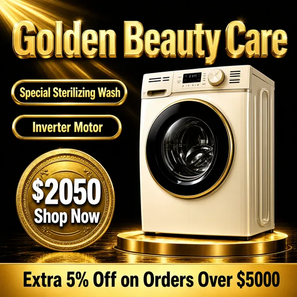 [Format]
Professional e-commerce product main image, square 1:1, opulent black-and-gold appliance advertising style with a spotlighted hero product and gilded 3D type.

[Colors]
Near-black background (#141210 range) with golden light rays sweeping from the upper left and a reflective gold floor; primary accent radiant gold; champagne-white product body with a black door ring; a gold footer band closes the bottom; No frame border.

[Layout]
The giant 3D headline blazes across the top; two gold-outlined capsule pills stack beneath on the left; the washing machine stands centre-right on a lit gold platform; a large gold coin-badge sits at the lower-left; the gold footer band spans the bottom.

[Subject]
No people. A champagne-white front-load washing machine angled three-quarter, with a wide black-trimmed circular door glass, a ribbed white control dial, a small dark display and vent slots across the top panel; warm gold light rakes across its curved front edge.

[Headline]
Top: "Golden Beauty Care" in enormous extruded 3D gold metallic caps with bevelled edges and a soft glow. Left capsules in gold outline with gold text: "Special Sterilizing Wash" and "Inverter Motor".

[Badges]
Lower-left gold coin seal: "$2050" in large white over "Shop Now" small. Gold footer band: "Extra 5% Off on Orders Over $5000" in bold dark caps.

[Mood]
Luxurious, high-drama and premium; black-tie darkness with molten gold rays making a household appliance feel like jewellery.