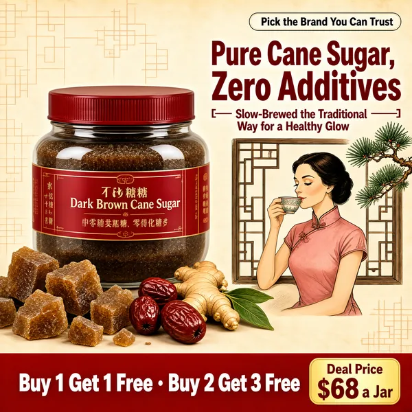 [Format]
Professional e-commerce product main image, square 1:1, heritage Chinese tonic-food style with warm parchment tones and an illustrated vignette.

[Colors]
A warm beige-to-cream field (#f0e3d3 range) with faint lattice line-art; accents in deep crimson jar and type, amber sugar blocks and ginger gold. Red offer band along the bottom edge.

[Layout]
A small pill tag at the top-right carries a trust slogan. The headline block sits upper-right in red; the jar dominates centre-left with loose ingredients scattered below it; an illustrated vignette of a lady at a lattice window occupies the mid-right; the bottom sixth is a red offer band with a price chip at the right.

[Subject]
A squat glass jar with a deep crimson screw lid and a red vertical label band, filled with dark brown sugar; in front lie jagged blocks of raw brown sugar, dried red jujubes and a fresh ginger root with leaves; at the right an illustrated white / Caucasian woman in a pink cheongsam sips tea beside a traditional lattice window with a pine sprig.

[Headline]
The top-right pill reads "Pick the Brand You Can Trust" in dark type. Red bold lines: "Pure Cane Sugar, Zero Additives" with a small bracket line "Slow-Brewed the Traditional Way for a Healthy Glow". Footer: "Buy 1 Get 1 Free · Buy 2 Get 3 Free" in white on red; a gold price chip reads "Deal Price $68 a Jar".

[Mood]
Warm, heritage and nourishing; festive reds on parchment with hand-illustrated charm.