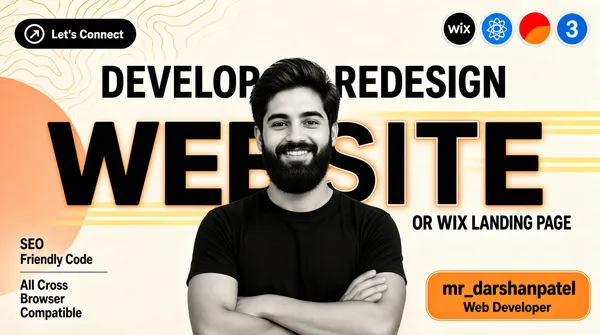 [Format]
Professional Fiverr gig cover, landscape 16:9 banner. Minimal light-toned editorial layout with an oversized outlined display word. No watermark, no personal names.

[Layout]
A pale warm off-white background with a subtle paper texture. Fine hairline contour decorations sit at the top-left corner, a soft large peach circle is cropped by the left edge behind the subject, and a few thin pale-yellow horizontal streaks run behind the type. The composition is centre-weighted with the subject breaking the vertical middle.

[Subject]
Centre: a young white / Caucasian man with dark hair and a full beard, wearing a plain black crew-neck t-shirt, arms folded, waist-up, smiling at the camera. Portrait photography treated with a heavy black-and-white or desaturated look so the subject renders in monochrome against the warm neutral background. No text or watermark on the subject.

[Headline]
Top-left: a black rounded pill containing "Let's Connect" in white caps with a small arrow-in-circle glyph beside it. Across the middle of the frame: "DEVELOP OR REDESIGN" in heavy black caps, and directly below it the giant word "WEBSITE" in a very heavy black sans-serif where the letters spell out in mixed treatment — the "W" and trailing letters are solid black while the central "EBSIT" is drawn as a thin silver outline with a soft orange inner glow. Beneath that, right-aligned: "OR WIX LANDING PAGE" in heavy black caps. At the bottom-left, three stacked left-aligned specs in small black text separated by thin grey rules: "SEO" over "Friendly Code", "All Cross" over "Browser" over "Compatible". At the bottom-right, an orange rounded pill with black bold text "mr_darshanpatel" and, beneath it in smaller black caps, "Web Developer".

[Badges]
Top-right corner: a tight row of four small circular platform logos — a black Wix badge, a blue React atom badge, a red-and-orange badge and a blue "3" badge.

[Mood]
Editorial and typographic; pale neutral paper with one oversized outlined word, monochrome portrait against warm accents, understated and design-led.