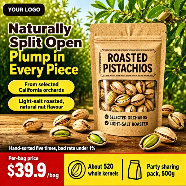 [Format]
Professional e-commerce product main image, square 1:1, sunny orchard snack style with rustic wood and kraft packaging.

[Colors]
Background a sunlit pistachio orchard (#a8c46a range) with green leaf clusters over a warm wood table, kraft-brown pouch, red, yellow and brown type; No frame border.

[Layout]
A dark chip with "YOUR LOGO" top-left; the two-line headline upper-left; two yellow pill rows beneath; the kraft pouch right of centre with loose pistachios scattered around; a red price bar and a yellow stat band along the bottom.

[Subject]
No people. A kraft stand-up pouch with a clear window packed with roasted pistachios, brown label lettering and two small check rows on the front; in-shell pistachios scattered across the wooden table with one split kernel showing the green nut inside.

[Headline]
Big brown-and-yellow characters: "Naturally Split Open" over "Plump in Every Piece". Yellow pills, dark text: "From selected California orchards" and "Light-salt roasted, natural nut flavour". White line above the price bar: "Hand-sorted five times, bad rate under 1%". Red bar: "Per-bag price" small, "$39.9" huge white, "/bag" small.

[Badges]
Yellow band with two stamped items separated by rules: "About 520 whole kernels" with a nut icon, and "Party sharing pack, 500g" with a pack icon.

[Mood]
Wholesome, harvest-fresh and shareable; orchard greens, kraft browns and sunny warmth.