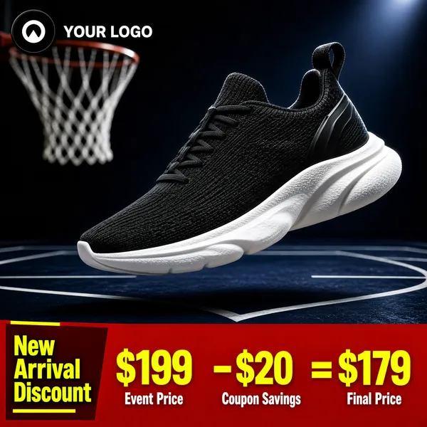 [Format]
Professional e-commerce product main image, square 1:1, dark court-side sneaker drop style with dramatic spotlights, a floating knit shoe and a neon price equation.

[Colors]
A dark navy-to-black basketball court background with dramatic spotlights and a hoop net upper-left; a black knit sneaker with a white sole; a red bottom banner (#c1121f); yellow equation numerals.

[Layout]
The sneaker floats centre-right at a dynamic tilt; a black circular logo chip and "YOUR LOGO" sit top-left; the red discount band caps the bottom, split into a stacked label block, the price equation and its result.

[Subject]
Centre-right: a black knit running sneaker with a sculpted white foam sole, black laces and a heel pull-tab, floating at a tilt against the dark court with the hoop net blurred behind. No people.

[Headline]
Bottom red band: "New Arrival Discount" stacked in a darker red block with yellow accents; then the yellow equation "$199" minus "$20" equals "$179" with white captions "Event Price", "Coupon Savings", "Final Price" beneath each number.

[Mood]
Athletic, dark and drop-day urgent; black-court drama with a neon-yellow price equation.