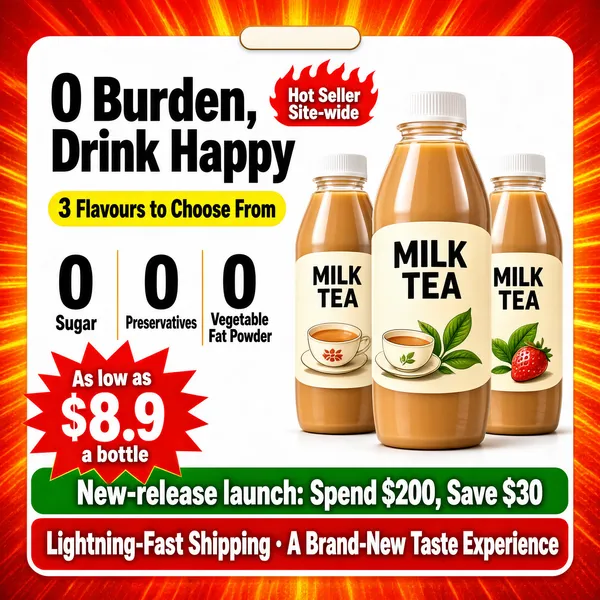 [Format]
Professional e-commerce product main image, square 1:1, festive red-and-yellow beverage-launch style with a white rounded card and radiating rays.

[Colors]
Background is a vivid red-to-orange radial burst with radiating rays; the central white card carries the products; primary accents are bottle-tan milk tea tones, a green label leaf, and a red flame tag (#e63312); a red price burst bottom left; no frame border.

[Layout]
A small brand pill sits top centre; the headline block sits upper left on the white card; three bottled milk teas stand centre-right; a row of zero-claim numerals runs across the card's midriff; the bottom carries stacked launch banners and a price burst.

[Subject]
Three clear PET bottles of milk tea in tan brown with white caps and cream labels reading "MILK TEA" with small flavour art — a teacup, a leaf, and a strawberry — the middle bottle full-height and the two behind it slightly staggered. No people.

[Headline]
Top of card: "0 Burden, Drink Happy" in heavy near-black caps with a red flame tag "Hot Seller Site-wide" beside it; below, a yellow pill "3 Flavours to Choose From". Claim row: giant "0" numerals over the words "Sugar", "Preservatives", "Vegetable Fat Powder". Bottom: red burst "As low as $8.9 a bottle", a green strip "New-release launch: Spend $200, Save $30", and a red banner "Lightning-Fast Shipping · A Brand-New Taste Experience" in white bold.

[Badges]
No separate badges; the flame tag and launch strips carry the promos.

[Mood]
Festive, thirst-quenching and zero-guilt; fireworks-red energy wrapping a clean white product card.