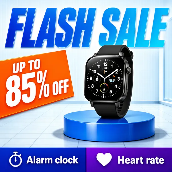 [Format]
Professional e-commerce product main image, square 1:1, bright tech-gadget flash-sale style with glossy gradient display type.

[Colors]
Airy white and pale-blue interior background (#eef3f8 walls, #dfe7ee tiled floor), headline in a vivid blue gradient (#2f6bf0 to #35b6f5), hot orange accent block (#f07d1a), a bright blue round podium and a footer bar split between cobalt blue and violet. No frame border.

[Layout]
The headline spans the full width across the top. A round blue podium sits centre-right carrying the watch, with a soft shadow pool around it. An orange slanted tag juts in from the left edge just below the headline. A footer bar runs along the very bottom edge, split into a blue half and a purple half, each holding a feature label with a small icon.

[Subject]
A black square-faced smartwatch standing upright on the podium: matte black silicone strap, brushed dark case, round analog-digital dial with white numerals, hands and small complication rings, crisp studio lighting with clean highlights on the glass.

[Headline]
"FLASH SALE" in enormous heavy italic condensed caps with a blue gradient and subtle 3D depth. On the orange tag, "UP TO" in small white caps beside "85% OFF" with the numerals oversized. Footer bar in white bold text with icons: "Alarm clock" beside a stopwatch glyph on the blue half, "Heart rate" beside a heart glyph on the purple half.

[Badges]
None beyond the orange discount tag and the footer feature bar.

[Mood]
Energetic, deal-driven and modern; cool blue and white with a hot orange price pop, extremely legible at thumbnail size.