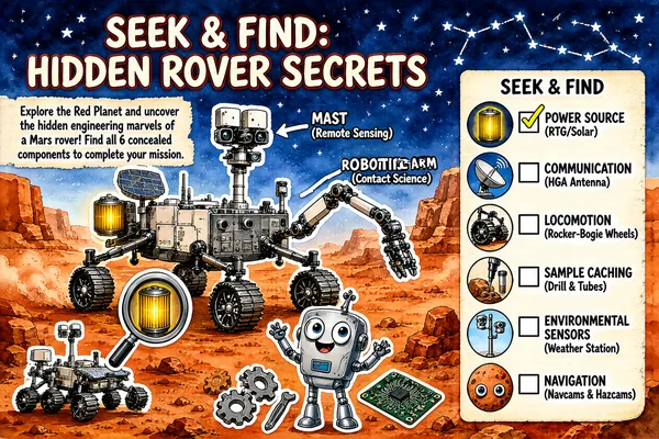 This infographic is an interactive educational illustration titled "SEEK & FIND: HIDDEN ROVER SECRETS," designed to engage viewers in discovering the concealed engineering components of a Mars rover. The primary language is English, as all visible text is in English. The overall layout is divided into two main sections: a large, detailed illustration of a Mars rover on the left and a vertical checklist on the right. The background features a watercolor-style depiction of the Martian landscape with orange-red rock formations, dust storms, and a starry sky with constellations, giving it a hand-drawn, artistic feel. The rover itself is rendered in a cutout or sticker-like style with white outlines, making it stand out from the textured background. On the top-left corner, introductory text reads: "Explore the Red Planet and uncover the hidden engineering marvels of a Mars rover! Find all 6 concealed components to complete your mission." Two labeled parts of the rover are explicitly pointed out with arrows and text: - **MAST (Remote Sensing)** — pointing to the camera array on the rover’s mast. - **ROBOTIC ARM (Contact Science)** — pointing to the articulated arm extending from the rover’s body. The right-hand side contains the "SEEK & FIND" checklist, which lists six components to locate. Each item includes a circular icon depicting the component, its name, a parenthetical description, and a checkbox for marking completion. The list is as follows: 1. **POWER SOURCE (RTG/Solar)** — Icon shows a glowing cylindrical device resembling a radioisotope thermoelectric generator (RTG). A yellow checkmark is placed in the checkbox, indicating this item has been found. In the main illustration, a magnifying glass highlights the same RTG icon near the rover’s rear wheel, confirming its location. 2. **COMMUNICATION (HGA Antenna)** — Icon depicts a satellite dish against a starry sky. Checkbox is empty. 3. **LOCOMOTION (Rocker-Bogie Wheels)** — Icon shows a close-up of the rover’s wheels and suspension system. Checkbox is empty. 4. **SAMPLE CACHING (Drill & Tubes)** — Icon illustrates a drill bit and sample tube embedded in rock. Checkbox is empty. 5. **ENVIRONMENTAL SENSORS (Weather Station)** — Icon shows a tall sensor pole with instruments, set against a cloudy sky. Checkbox is empty. 6. **NAVIGATION (Navcams & Hazcams)** — Icon features a rock face with cartoonish eyes, symbolizing cameras. Checkbox is empty. Additional visual elements include: - A small, stylized version of a Mars rover (resembling NASA’s Spirit or Opportunity) in the bottom-left corner. - A whimsical robot character with large eyes and raised arms, standing near scattered mechanical parts (gears, a tool, a circuit board) at the bottom-center. - A constellation outline in the upper-right sky, possibly representing Orion or another recognizable pattern. The infographic uses a playful, engaging design to educate about Mars rover technology, combining scientific accuracy with accessible, game-like interaction. The “hidden” components are cleverly integrated into the scene, encouraging active observation. The color palette consists of warm earth tones (oranges, browns, reds) for the Martian surface, contrasted with metallic grays and whites for the rover, and cool blues for the sky and icons. All textual content is preserved exactly as shown, including labels, descriptions, and instructions. No data is omitted or approximated. The structure is clear: a narrative prompt, visual identification of some components, and a checklist for finding the remaining ones.