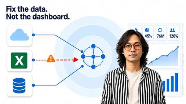 [Format]
Landscape 16:9 gig cover, editorial infographic style with a photographic cut-out. Bright, airy, flat vector shapes over white. No watermark, no personal names.

[Layout]
Near-white seamless background. The top-left corner holds a two-line dark headline. Down the left edge, three white rounded-square tiles stack vertically at even spacing, each with a soft shadow and one simple flat icon inside. From each tile a thin blue connector line runs right with a node dot, converging on a large pale-blue concentric-circle diagram at dead centre, which holds a small four-node hub inside. The middle connector is interrupted by a red dashed arrow with a small orange warning triangle, visually the odd one out. A person cut-out sits centre-right, overlapping the circle diagram's right edge and the dashboard panel behind it. The right side carries a pale dashboard panel with a row of four small stat modules, a rising line chart and a column chart in blues.

[Subject]
A person in their thirties, medium-length layered hair, round tinted glasses, wearing an open black-and-white vertically striped shirt over a pale tee, chest-up, looking straight at camera; positioned centre-right, cropped at mid-torso, cleanly cut out and layered over the diagram and the panel.

[Headline]
Top-left, two short lines in a bold dark-blue geometric sans: "Fix the data." then "Not the dashboard." — sentence case, tight leading, small relative to the frame.

[Badges]
None beyond the three source tiles. The three icon tiles down the left edge are the only marks: a pale-blue cloud silhouette, the Microsoft Excel icon (a green rounded square with a white "X" glyph), and a blue stacked-disc database cylinder. Keep their flat geometry, size and spacing exactly as drawn.

[Mood]
Almost-white field with a single saturated blue family plus one red warning accent and one green tile. Calm, consulting-clean, diagram-led; the headline and the single red accent carry the thumbnail read.