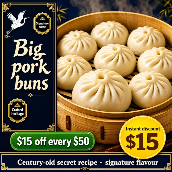 [Format]
Professional e-commerce product main image, square 1:1, warm heritage dim-sum style with steamed buns in bamboo over a deep blue-and-gold backdrop.

[Colors]
Dark navy backdrop panel on the left with gold ornamental corners and a white crane motif; bamboo steamer and pale dough supply warm beige; a green coupon pill; a golden price circle and navy footer band.

[Layout]
Left third: a vertical navy plaque with framed calligraphic characters and small gold side seals. Centre and right: an open bamboo steamer filling the frame with plump buns. Lower area: a green pill, a yellow price circle at the right and a navy band across the bottom.

[Subject]
A round bamboo steamer packed with eight plump steamed buns, smooth pale dough with softly pleated tops, gentle steam-warm lighting, the woven bamboo rim and slatted base visible, one bun close to the lens for depth. No people.

[Headline]
Navy plaque: "Big pork buns" in tall cream display letters with small gold seals reading "Signature taste" and "Crafted heritage". Green pill: "$15 off every $50" in white. Yellow circle: "Instant discount" in small brown text above a huge brown "$15". Navy footer: "Century-old secret recipe · signature flavour" in white with a thin gold rule.

[Badges]
The plaque seals and the price circle.

[Mood]
Warm, traditional and appetite-forward; bamboo steaminess against solemn navy-and-gold heritage framing.