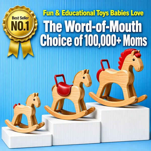 [Format]
Professional e-commerce product main image, square 1:1, cheerful toy-advertising style with a pastel blue set and podium product staging.

[Colors]
Soft powder-blue background (#a8cbe0 to #7fb0d0) with fine vertical texture; white podium steps; natural light wood toys with red accents; primary accent shiny gold (#d4af37); no frame border.

[Layout]
Top centre carries a two-line headline, small yellow line above large white line; a gold medal rosette hangs upper-left; three white stair-step podiums rise from lower-left to right, each holding a rocking horse sized small to large.

[Subject]
Three wooden rocking horses in natural pine: a small simple one on the lowest step, a mid-size one with a red leather saddle and handles in the middle, and a large one with a red mane on the top step, all cleanly lit with soft shadows. No people.

[Headline]
Top line in bright yellow medium caps: "Fun & Educational Toys Babies Love"; below in very heavy white caps: "The Word-of-Mouth Choice of 100,000+ Moms". Gold rosette badge with ribbon tails reads: "Best Seller" above a huge "NO.1".

[Mood]
Friendly, trusted and playful; pastel nursery blue with warm wooden charm and a proud gold award.