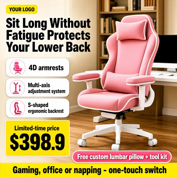 [Format]
Professional e-commerce product main image, square 1:1, bright friendly furniture-ad style set in a cozy home office.

[Colors]
Background a warm blurred home interior (#e8e2d8 range) with bookshelves and a white desk, blush-pink chair, pink, black and yellow type; No frame border.

[Layout]
A yellow chip with "YOUR LOGO" top-left; the two-line headline top-left; three white feature pills running down the left; the chair angled centre-right on wooden flooring; a yellow price block bottom-left, a pink gift pill and a yellow claim band along the bottom.

[Subject]
No people. A pink ergonomic gaming-office chair with white piping, a pillowed headrest, padded 4D armrests, a white nylon base on casters, shown in three-quarter view turned toward the room; a white desk, monitor and shelf of books softly blurred behind.

[Headline]
Big black characters: "Sit Long Without Fatigue" over "Protects Your Lower Back". Yellow block: "Limited-time price" small, "$398.9" huge black. Pink pill, white text: "Free custom lumbar pillow + tool kit". Yellow bar, bold black: "Gaming, office or napping - one-touch switch".

[Badges]
Three white rounded pills with pink icons and dark text: "4D armrests", "Multi-axis adjustment system", "S-shaped ergonomic backrest".

[Mood]
Cozy, youthful and comfort-led; warm home tones with a candy-pink product pop.