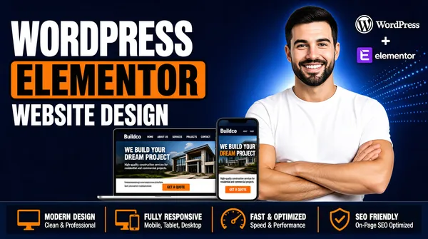 [Format]
Professional Fiverr gig cover, landscape 16:9 banner. Bold high-contrast tech advertising style on a deep blue ground with orange accents. No watermark, no personal names.

[Layout]
A deep navy-blue background with a subtle radial glow behind the subject on the right and faint dotted light beams in the upper right. The left half carries the headline stack; the right half is dominated by a cut-out portrait. A dark horizontal feature bar spans the very bottom. A laptop and smartphone mockup cluster sits in the lower centre.

[Subject]
On the right, overlapping the blue glow: a confident young white / Caucasian man with short dark hair and a trimmed beard, wearing a plain white crew-neck t-shirt, arms folded across his chest, waist-up, smiling broadly at the camera. Clean studio rim light from the left. No text or watermark on the subject.

[Headline]
Stacked on the left in very heavy condensed caps: "WORDPRESS" in white; then "ELEMENTOR" in heavy black condensed caps set on a bright orange rounded rectangular slab with a black outline; then "WEBSITE DESIGN" in very heavy white condensed caps.

[Badges]
Along the bottom in a dark translucent bar with thin vertical separators: four orange line icons with two-line white labels — a monitor-and-phone icon for "MODERN DESIGN" over "Clean & Professional", a monitor-and-phone icon for "FULLY RESPONSIVE" over "Mobile, Tablet, Desktop", a speedometer icon for "FAST & OPTIMIZED" over "Speed & Performance", and a shield-check icon for "SEO FRIENDLY" over "On-Page SEO Optimized".

[Devices]
Lower centre-left: a silver laptop mockup and a smartphone mockup in front of it, both showing the same construction company site branded "Buildco" with a dark hero image of a modern house, navigation "HOME ABOUT US SERVICES PROJECTS CONTACT", an orange "GET A QUOTE" button, and the headline "WE BUILD YOUR DREAM PROJECT" in white and orange, with subtext "High-quality construction services for residential and commercial projects." The phone screen repeats the layout in mobile format.

[Graphic accents]
Above the subject's shoulder, the WordPress circular logo in white with "WordPress" in white beneath it, and below it a small plus sign with the purple Elementor "E" mark and "elementor" in white script.

[Mood]
Confident, technical and conversion-focused; deep blue with orange slab, crisp device mockups and a friendly human presence on the right.