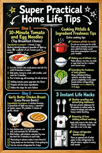This infographic designed in a blackboard-poster style, titled "Super Practical Home Life Tips." It uses a hand-drawn chalk-lettering and simple-sketch style throughout, with a dark black background and a light wood-colored border, creating a warm and friendly homey atmosphere. The infographic is divided by white lines into two major areas: the left side focuses on two simple, quick home-cooking recipes, and the right side provides a variety of practical everyday life tips. **Overall Layout and Visual Elements:** - The title "Super Practical Home Life Tips" is centered at the top in a fairly large font with a white outline, with yellow and blue star patterns decorating either side. - Two white curved arrows extend downward from the title, pointing respectively to the left and right main modules. - The left module contains two steps (Step 1 and Step 2), each marked with a colorful rounded-rectangle frame and accompanied by hand-drawn food illustrations (such as a noodle bowl and chicken breast) and check marks. - The right module is divided into two sub-sections, "Cooking Pitfalls & Ingredient Freshness Tips" and "3 Instant Life Hacks," each containing three tips marked with green leaf icons and accompanied by simple sketches (such as a pot, rice, lettuce, cutlery, clothing, and a refrigerator). - The image uses chalk-effect text in multiple colors (white, yellow, orange, blue, green) and decorative elements (stars, arrows, wavy lines, checkboxes), enhancing readability and fun. --- **Left Module: Recipe Tutorials** **Step 1 - 10-Minute Tomato and Egg Noodles (Top Breakfast Choice)** - **Ingredients to prepare**: 1 tomato, 2 eggs, 1 handful of dried noodles, 2 spoonfuls of light soy sauce, half a spoonful of salt; a small amount of tomato paste may be prepared as needed. - **Steps**: 1. Cut the tomato into small pieces and stir-fry in the pan until it breaks down into a sauce; 2. Add enough water, bring to a boil, then add the noodles and cook for 3 minutes; 3. Pour in the beaten egg, add the seasonings, stir well, and it is ready to serve. - **Advantage notes** (with checkboxes): - Checked: adding tomato paste upgrades the flavor - Checked: prepare all the basic ingredients - Checked: follow the steps for zero failure - Illustration: a bowl of noodles, chopsticks, two eggs. **Step 2 - Garlic Butter Chicken Breast (Lazy-Person Bento)** - **Ingredients to prepare**: 2 chicken breasts, 3 spoonfuls of light soy sauce, 1 spoonful of oyster sauce, 10 g butter, 5 cloves of garlic, sliced. - **Steps**: 1. Cut the chicken breast into 1.5 cm thick slices, add the seasonings, mix well by hand, and marinate for 20 minutes; 2. Melt butter in a frying pan, add the chicken breast, and pan-fry over low heat for 3 minutes on each side. - **Advantage notes** (with checkboxes): - Checked: marinating in advance makes it more flavorful - Checked: frying slowly over low heat keeps it from getting dry - Checked: can be stored refrigerated for 3 days - Illustration: a chicken, a piece of chicken breast, and a plate of chicken breast. --- **Right Module: Life Hacks** **Cooking Pitfalls & Ingredient Freshness Tips** - **Extra cooking tips** (subheading) - **Cookware pitfalls to avoid**: - Do not use an iron pan when preparing acidic foods such as tomatoes and lemons; it will release rust that affects the flavor, and long-term consumption is bad for your health. - Illustration: a small red pot. - **Making use of leftover rice**: - Leftover rice that cannot be finished can be made into rice balls or egg fried rice; it tastes better than reheating the rice and also adds variety. - Illustration: a bowl of rice. - **Extending the freshness of leafy greens**: - When lettuce, spinach, and other leafy greens cannot be finished, wrap them completely in dry paper towels before refrigerating; the freshness period can be extended by 3-5 days. - Illustration: a head of lettuce. **3 Instant Life Hacks** - **Shatter-proofing and detoxifying tableware**: - Boil newly purchased ceramic tableware for 10 minutes in boiling water with added table salt; this not only lowers the probability of breakage but also reduces the leaching of residual heavy metals from the tableware. - Illustration: a fork and a spoon. - **Removing oil from clothing without washing**: - If clothing accidentally gets oil stains, there is no need to wash the whole garment; squeeze a small amount of dish soap onto the stain, rub it in dry for 2 minutes, then wipe clean with a wet wipe, and the oil stain will be completely removed. - Illustration: a T-shirt. - **Cheap refrigerator deodorizing**: - Place a roll of opened toilet paper in the refrigerator; it quickly absorbs odors. Replace it once every half month, and it is more than 5 times more cost-effective than commercial deodorizers. - Illustration: a refrigerator door. --- This infographic has a clear structure and practical content, and is suitable for homemakers, office workers, or students and others who need quick solutions to everyday food and life problems.