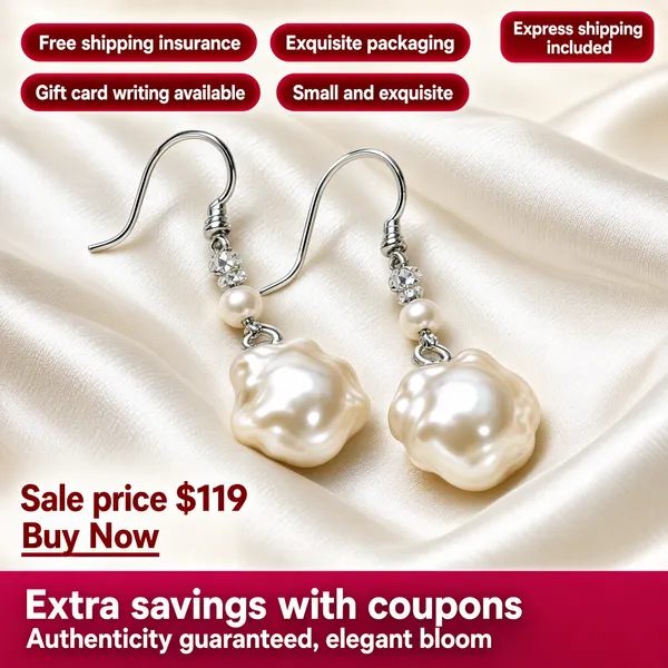 [Format]
Professional e-commerce product main image, square 1:1, fine-jewellery macro close-up style with trust callouts.

[Colors]
Ivory duchess-satin ground with soft folds; pearl-white and silver jewellery lustre; magenta-red pills and a red bottom band; no frame border.

[Layout]
A red chip top-right; four red claim pills arranged in two rows across the upper area; the earrings resting diagonally centre-frame; a price block bottom-left; a magenta banner along the bottom. Satin folds catch soft highlights around the ear-wire hooks, and the pearl reflections glow faintly in the ivory fabric.

[Subject]
A pair of pearl drop earrings — a large baroque pearl above small crystal-spaced pearls on delicate silver hooks — lying on rippled ivory satin, shot macro with soft shadows. No people.

[Headline]
Red pills: "Free shipping insurance", "Exquisite packaging", "Gift card writing available", "Small and exquisite". Top-right chip: "Express shipping included". Price block: "Sale price $119" with a "Buy Now" link beneath.

[Badges]
Bottom magenta band: "Extra savings with coupons" above "Authenticity guaranteed, elegant bloom" in white type.

[Mood]
Elegant, trust-laden and gift-ready; soft pearl lustre on satin, framed by confident red service promises. The macro crop and satin sheen whisper bridal elegance while the red pills do the conversion work.