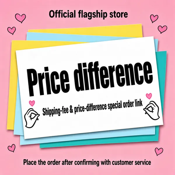 [Format]
Professional e-commerce product main image, square 1:1, playful pastel notice-board style with a tilted white sign and cartoon doodle hands.

[Colors]
Bubblegum pink background (#f7cdd6 range); the sign supplies white with yellow, blue and teal stacked paper layers beneath; heavy black display type; pink hearts and thin-line doodles.

[Layout]
Top centre: a line of small shop-name text. Centre: a large white rectangular sign tilted a few degrees, layered over yellow and pale-blue sheets, carrying the giant title and a sub-line flanked by two doodled hand gestures with tiny hearts. Bottom centre: a small instruction line.

[Subject]
No people. The only figures are two thin black line-art hands drawn doodle-style at each end of the sub-line, each making a finger-heart gesture with a tiny pink heart floating above. The rest is pure typography on layered paper.

[Headline]
Top, small black text: "Official flagship store". On the white sign: "Price difference" in enormous heavy black caps; beneath it "Shipping-fee & price-difference special order link" in bold black with the ampersand prominent, flanked by the two doodle finger-heart hands. Bottom line in black: "Place the order after confirming with customer service".

[Badges]
None.

[Mood]
Light, friendly and functional; pastel pink stationery charm turning a utility link page into a tidy cute notice.