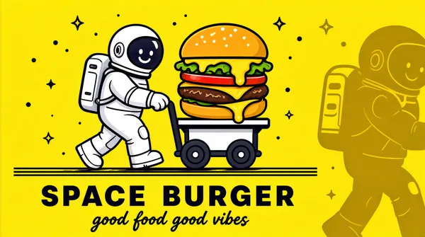 [Format]
Landscape 16:9 gig cover, cartoon mascot logo centred on a bright flat field. Clean vector-cartoon finish with bold outlines and soft cel shading. No watermark, no personal names.

[Layout]
A flat lemon-yellow panel fills the frame. The mascot lockup sits centre-left: a cheerful astronaut in a white suit walking right while pushing a two-wheeled cart that carries a towering burger with melting cheese; a thin dark double line runs under the figures as ground; tiny sparkles and dots float around. Beneath the ground line, a heavy spaced sans caps wordmark in near-black, and under it a handwritten script tagline. Along the right edge, a large ghosted single-colour duplicate of the mascot is cropped by the frame as a background echo.

[Subject]
None human — the astronaut mascot is the character.

[Headline]
Wordmark: two heavy sans caps words with wide word spacing in near-black (placeholder copy); beneath it a casual script tagline of four generic words in the same near-black.

[Badges]
None.

[Mood]
Lemon yellow, white and charcoal with small red and green food accents; fun, appetising, family-friendly energy. Bright yellow plus a big dark wordmark keeps the thumbnail punchy.