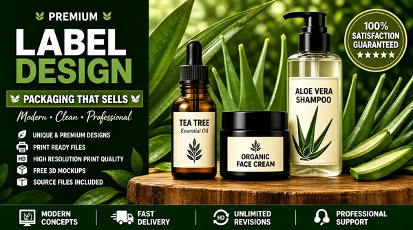 [Format]
Landscape 16:9 gig cover, photorealistic organic product photography with a blurred green botanical background and warm wood tones. Natural premium finish. No watermark, no personal names.

[Layout]
The left third holds vertical headline text and a service checklist. The right two-thirds shows three transparent cosmetic containers arranged on a thick wooden slab: a dropper bottle on the left, a small jar in the center, and a tall pump bottle on the right. Green leaves and aloe pieces frame the products from behind.

[Subject]
Three glass or plastic containers with cream labels and black caps. Left: amber dropper bottle with a botanical leaf logo and "TEA TREE Essential Oil" text. Center: short black jar with a leaf logo and "ORGANIC FACE CREAM". Right: tall clear pump bottle with aloe leaf graphics and "ALOE VERA SHAMPOO".

[Headline]
Top-left: small green sans-serif caps "PREMIUM" flanked by two leaf icons. Below, huge bold white sans-serif caps "LABEL" stacked above large bold green sans-serif caps "DESIGN". Under that, a green banner with leaf icons reads "PACKAGING THAT SELLS". A script line below says "Modern • Clean • Professional". Left column checklist with leaf, printer, HD, box, and document icons lists "UNIQUE & PREMIUM DESIGNS", "PRINT READY FILES", "HIGH RESOLUTION PRINT QUALITY", "FREE 3D MOCKUPS", "SOURCE FILES INCLUDED". Bottom bar: icons for "MODERN CONCEPTS", "FAST DELIVERY", "UNLIMITED REVISIONS", "PROFESSIONAL SUPPORT".

[Badges]
Upper-right: a circular olive badge reading "100% SATISFACTION GUARANTEED" with five stars.

[Mood]
Rich green and earthy brown palette with cream label space and black accents. The mood is organic, trustworthy, and premium, with the botanical framing making it read as natural skincare at thumbnail size.