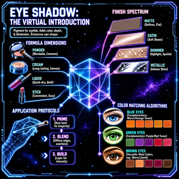 The infographic, titled "EYE SHADOW: THE VIRTUAL INTRODUCTION," presents a comprehensive guide to eye shadow in a high-tech, sci-fi aesthetic. Set against a dark, starry space backdrop with nebulae and glowing grid lines, the design employs neon blue, purple, and pink outlines to create a holographic, digital interface feel. The layout is structured around a central, translucent, multi-faceted cube that acts as a visual anchor, from which four main thematic branches radiate outward: Formula Dimensions, Finish Spectrum, Application Protocols, and Color Matching Algorithms. At the top left, under the title, a definition box states: "Pigment for eyelids. Adds color, depth, & dimension. Enhances eye shape." This introduces the core purpose of eye shadow. **Formula Dimensions** (top-left quadrant) displays five different physical forms of eye shadow, each with an icon and description: - **POWDER**: Icon shows an open compact with a brush; text: "(Blendable, Common)" - **CREAM**: Icon shows a jar with a swirled product; text: "(Long-lasting, Intense)" - **LIQUID**: Icon shows a tube and applicator; text: "(Quick-dry, Bold)" - **STICK**: Icon shows a lipstick-style stick; text: "(Convenient, Easy)" These are arranged along a curved, glowing path leading toward the central cube. **Finish Spectrum** (top-right quadrant) illustrates four texture finishes using rectangular bars with distinct surface textures: - **MATTE**: Flat, non-reflective bar; text: "(Defines, Flat)" - **SATIN**: Slightly reflective bar; text: "(Soft Sheen)" - **SHIMMER**: Glittery, sparkly bar; text: "(Highlights, Sparkle)" - **METALLIC**: Highly reflective, mirror-like bar; text: "(Intense Shine)" These bars fan out from the central cube, visually representing a spectrum of finishes. **Application Protocols** (bottom-left quadrant) details a three-step process, illustrated with a wireframe hand interacting with a glowing interface and a makeup brush: 1. **PRIME**: Text: "(Base layer for longevity)" 2. **BLEND**: Text: "(Diffuse edges, seamless)" 3. **BUILD**: Text: "(Layer for intensity)" Arrows connect these steps, indicating a sequential workflow. **Color Matching Algorithms** (bottom-right quadrant) provides guidance on selecting colors based on eye color, featuring stylized eyes and corresponding color palettes: - **BLUE EYES**: Icon of a blue eye; palette includes warm/orange tones; text: "(Complementary: Warm/Orange Tones)" - **GREEN EYES**: Icon of a green eye; palette includes purple/red tones; text: "(Complementary: Purple/Red Tones)" - **BROWN EYES**: Icon of a brown eye; palette includes various warm/jewel tones; text: "(Versatile: Most Colors, esp. Warm/Jewel)" Each eye color section has a row of colored squares representing recommended shades. The entire infographic is framed by a glowing, angular border, reinforcing the virtual, digital theme. All text is rendered in a clean, sans-serif font with a neon glow effect, enhancing readability and stylistic cohesion. The use of light trails, particle effects, and 3D elements creates a dynamic, immersive experience, making the technical information appear both modern and accessible.