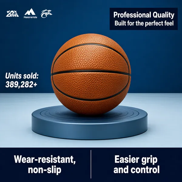 [Format]
Professional e-commerce product main image, square 1:1, premium sports-gear showcase style on a cool two-tone stage.

[Colors]
Background is a light blue-grey split: a deeper blue upper wall panel and a paler floor, with a round steel-blue podium disc beneath the ball (#aebfd4 range). Text navy and white, quality tag top-right. No frame border.

[Layout]
Top-left: a small logo row. Top-right: the quality slogan block. Center: the basketball on the podium. Mid-left: a sales-count line. Bottom: a navy band split by a thin divider into two claims.

[Subject]
No people. A regulation-size leather basketball in rich orange-brown pebbled texture with black channels, resting on a low cylindrical podium, lit softly from the upper right with a gentle shadow.

[Headline]
Top-right: "Professional Quality" in heavy navy caps over "Built for the perfect feel" in white on blue. Mid-left white italic line: "Units sold: 389,282+". Bottom navy band: "Wear-resistant, non-slip" | "Easier grip and control" in white caps.

[Mood]
Solid, professional and performance-driven; cool blue-grey stagecraft letting the warm leather ball dominate.